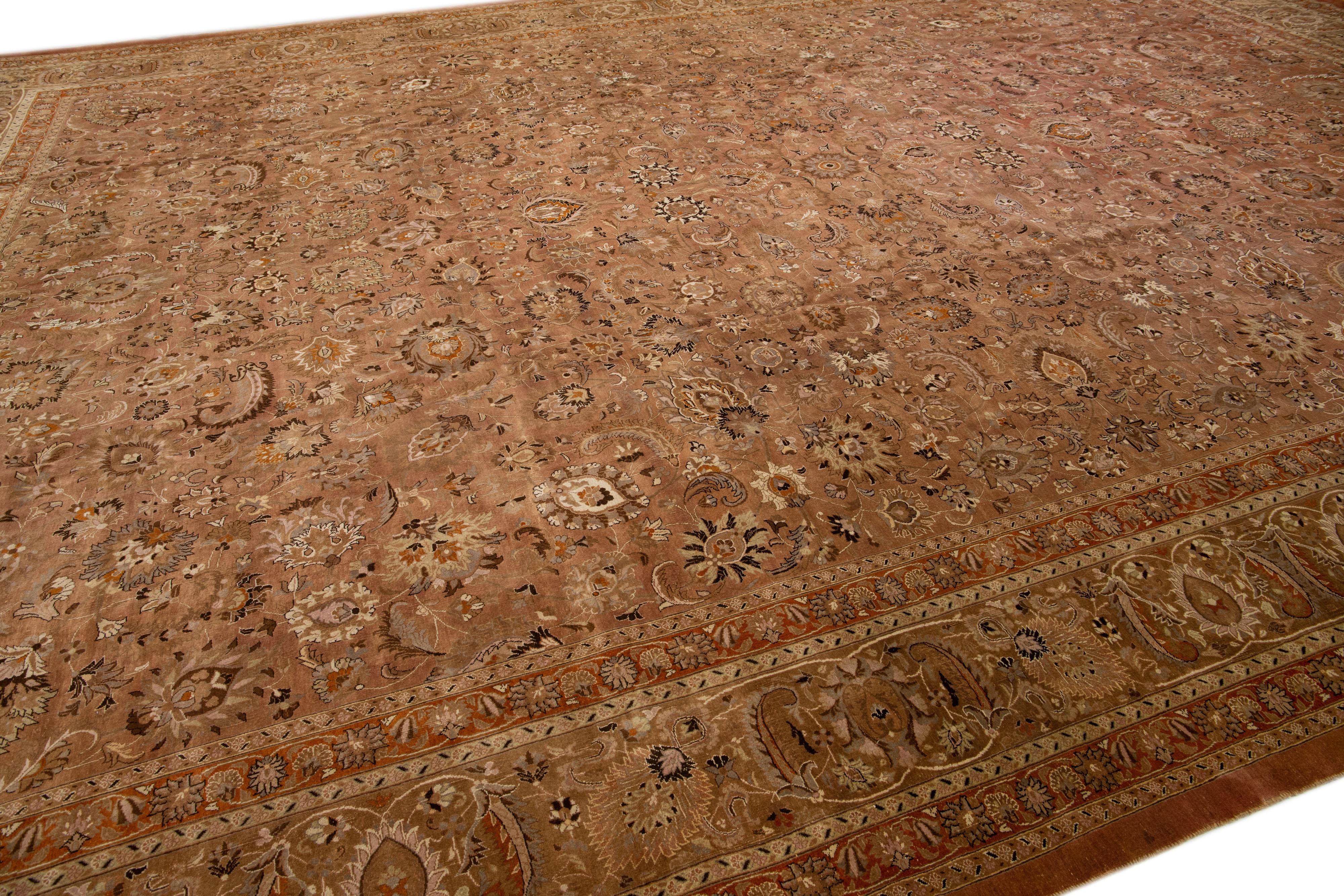 Hand-Knotted Antique Mashad Rust Handmade Rosette Oversize Wool Rug For Sale