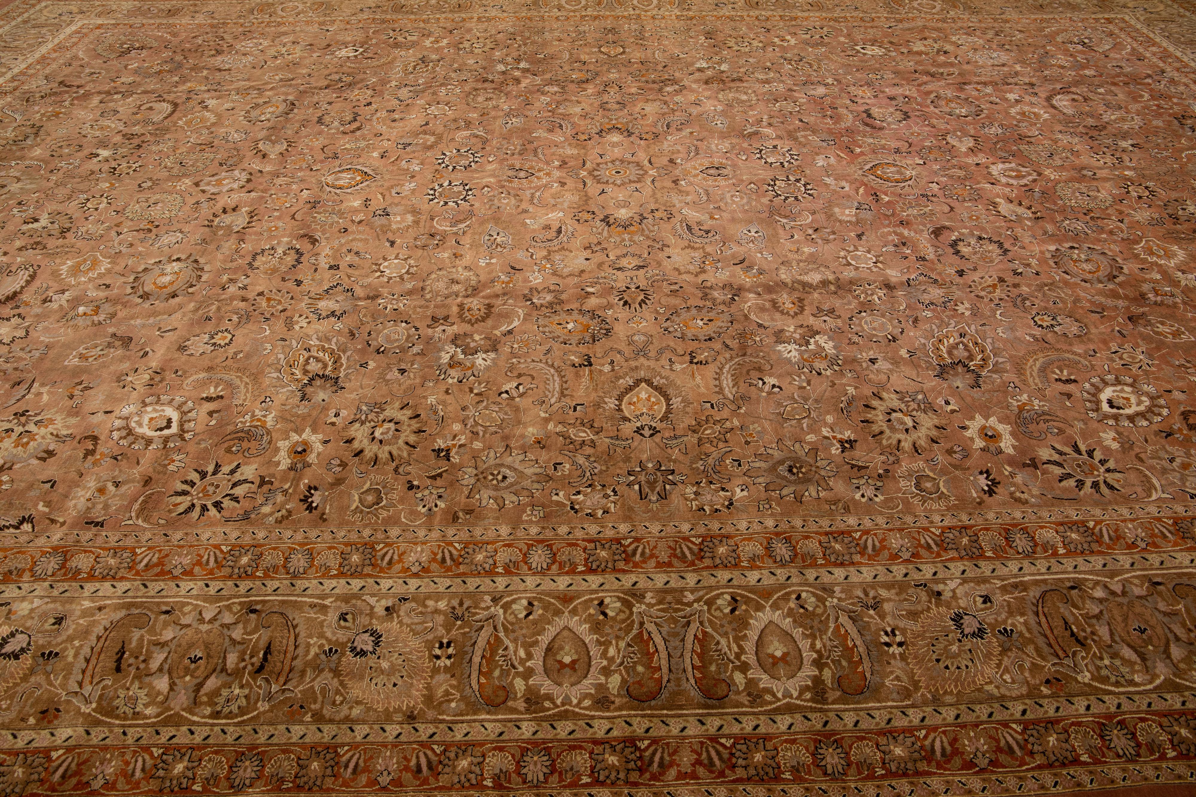 Antique Mashad Rust Handmade Rosette Oversize Wool Rug In Good Condition For Sale In Norwalk, CT