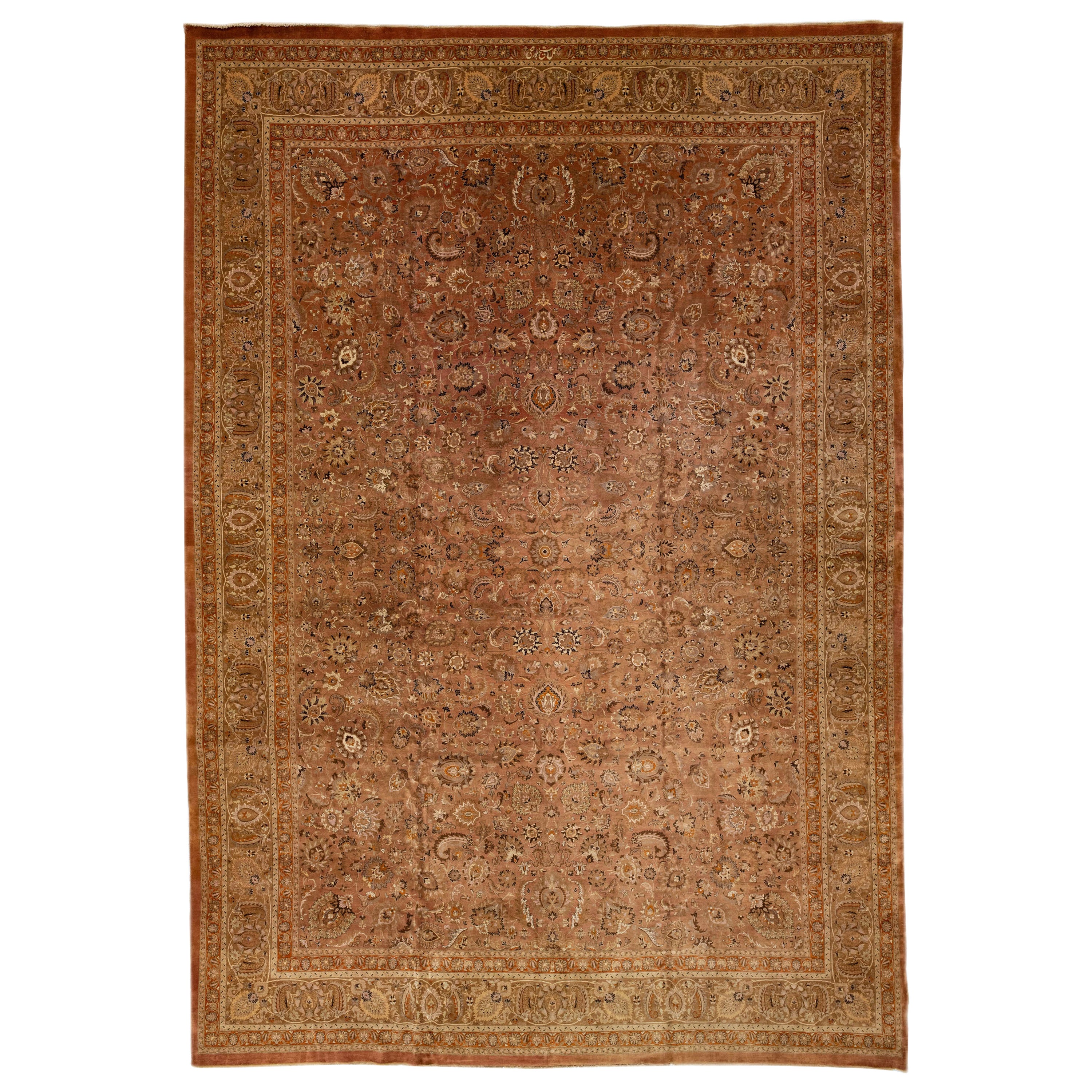 Antique Mashad Rust Handmade Rosette Oversize Wool Rug