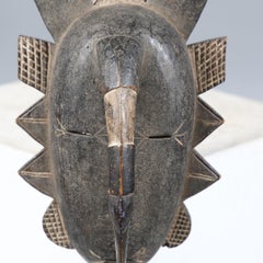 Antique Baule Tribal Horned Mask from Ivory Coast, Hand-Carved African Wood Art