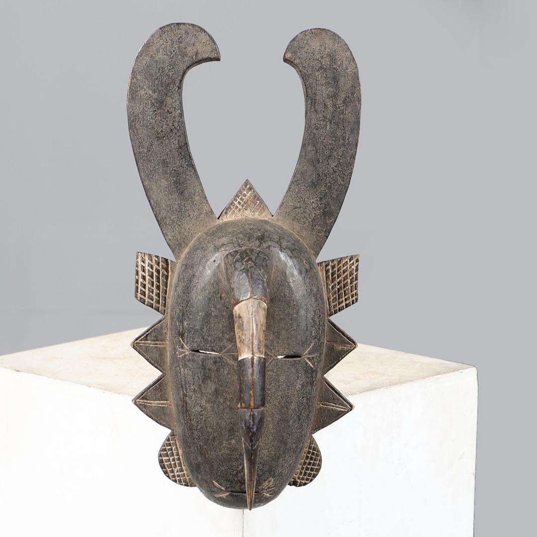 Art Deco Antique Baule Tribal Horned Mask from Ivory Coast, Hand-Carved African Wood Art For Sale