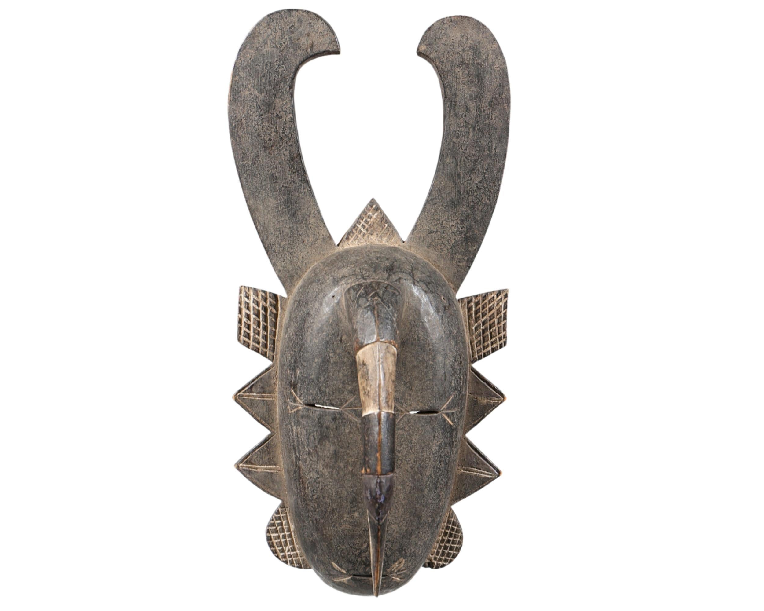 Antique Baule Tribal Horned Mask from Ivory Coast, Hand-Carved African Wood Art For Sale 1