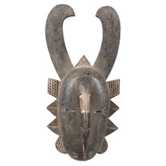 Antique Baule Tribal Horned Mask from Ivory Coast, Hand-Carved African Wood Art