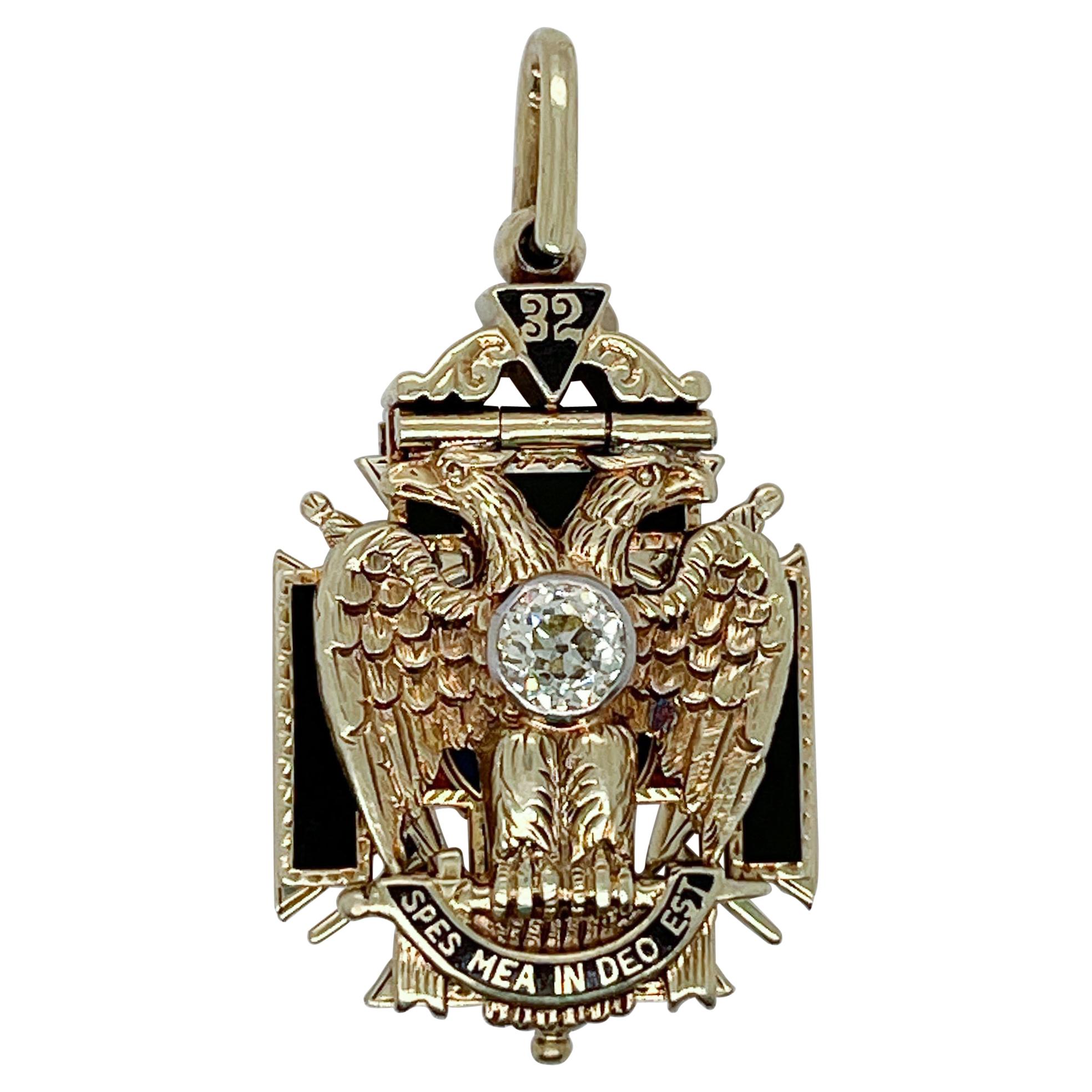 Antique Masonic 14 Karat Gold, Diamond, & Enamel Pendant
