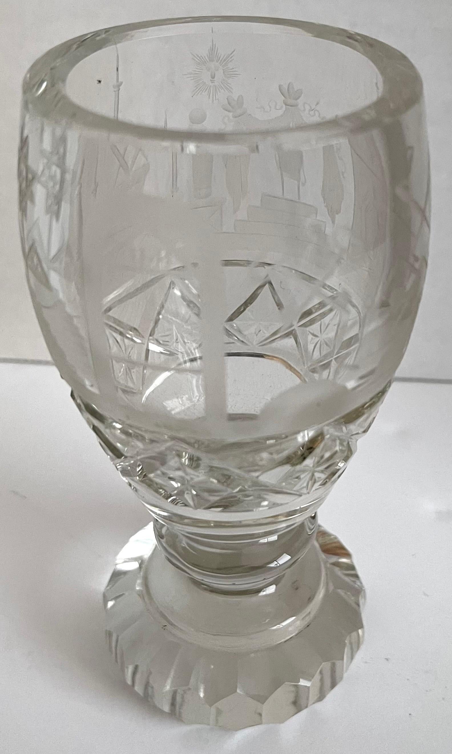 Antique American Masonic cut crystal ceremonial cup. Heavy cut crystal with etched/ frosted Masonic motif. No makers mark or signature. 