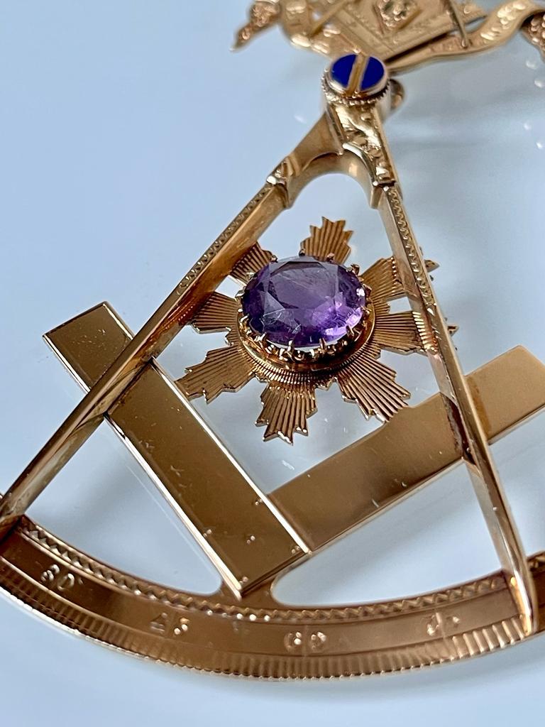 An exquisite example of Masonic jewellery art by Guild & Delano of Boston, C 1876, specialists in jewellery for Masons. This piece was made for the PM (Past Master) W.B. Thomas Leyland of Phoenician Lodge in Lawrence, Massachusetts. 

The top