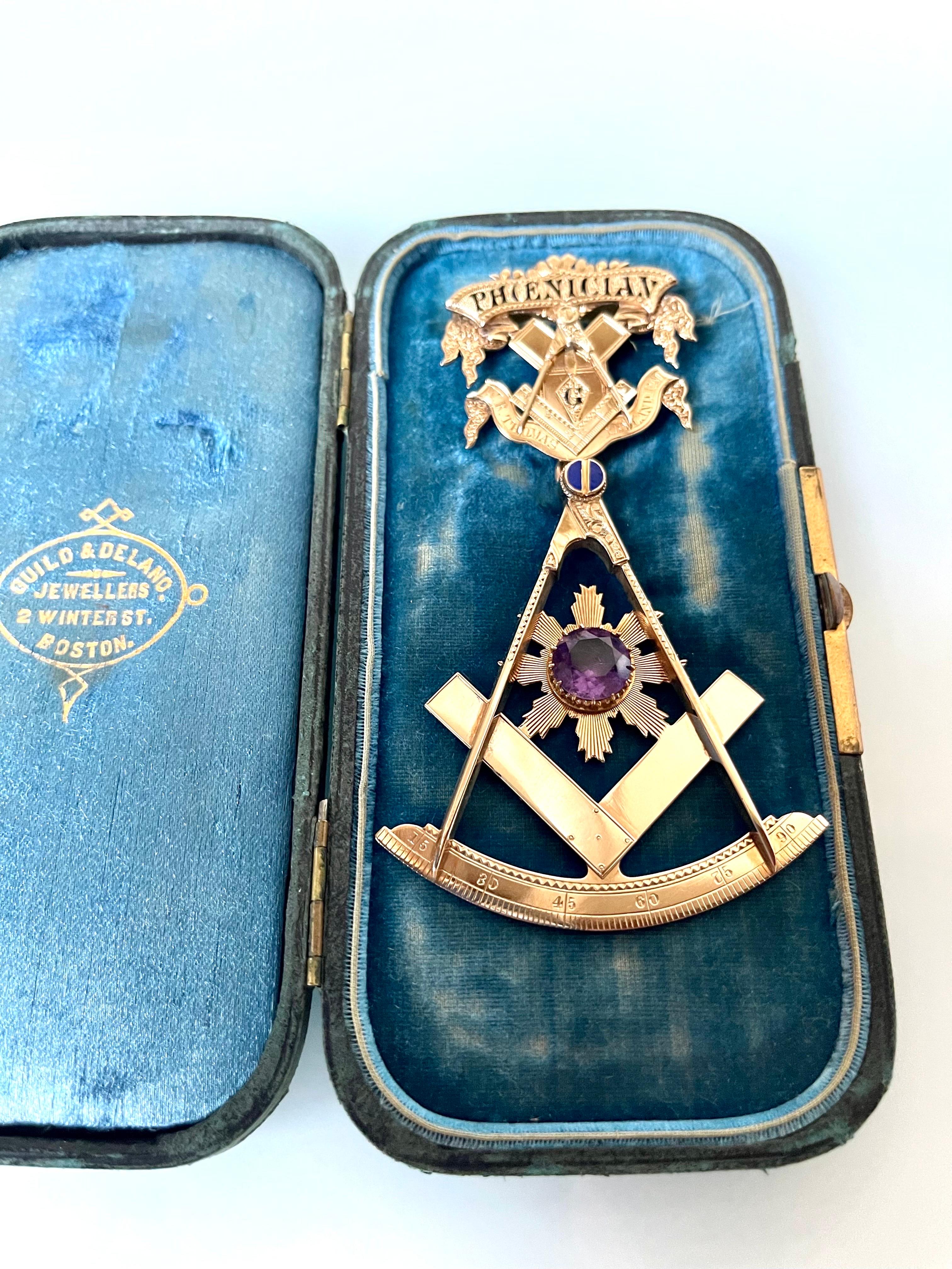 Victorian Antique Masonic Freemasonry 14K Gold Amethyst Enamel Medal C 1876               For Sale