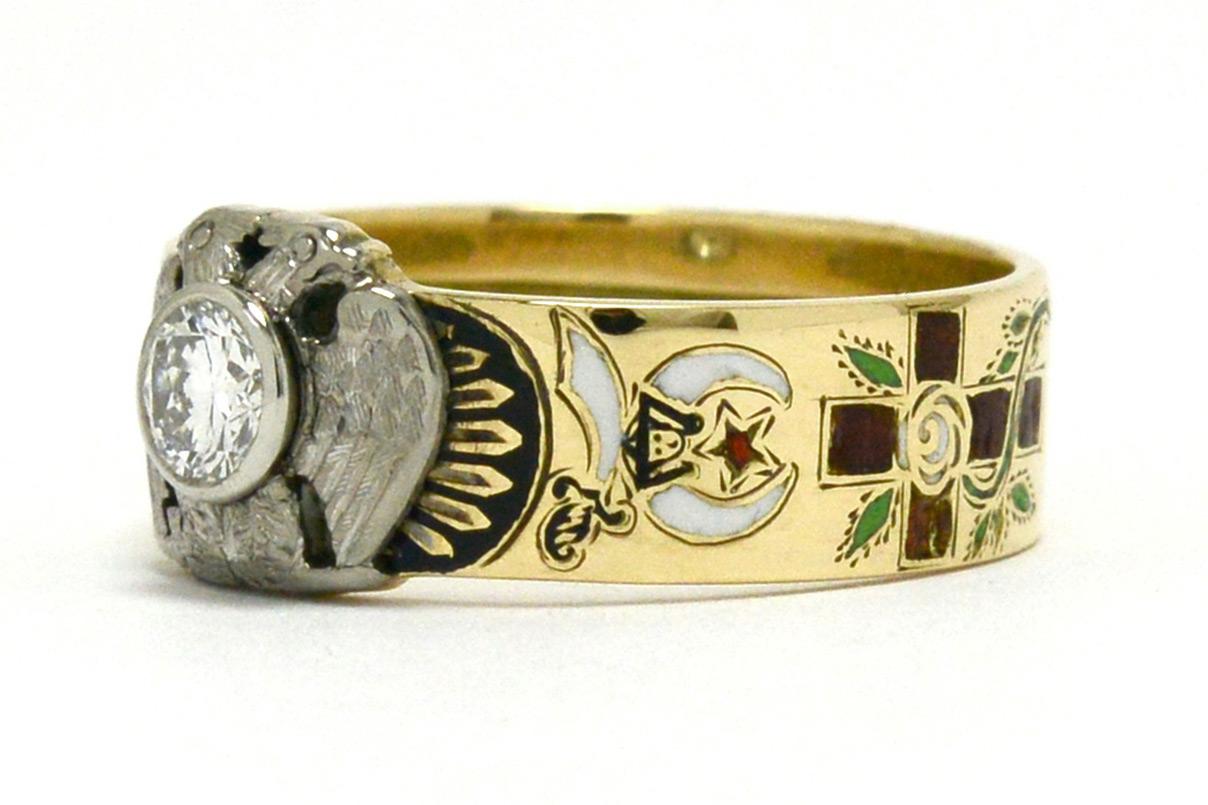 Art Deco Masonic Ring Diamond Men's Engraved Band Enamel Memento Mori Double Eagle