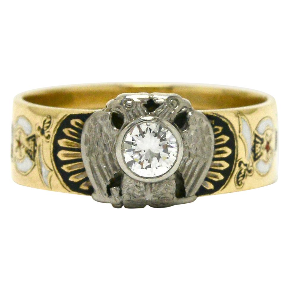 Masonic Ring Diamond Men's Engraved Band Enamel Memento Mori Double Eagle