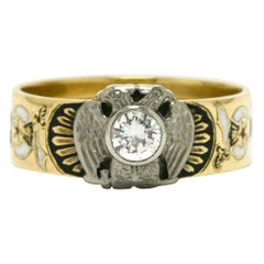 Masonic Ring Diamond Men's Engraved Band Enamel Memento Mori Double Eagle