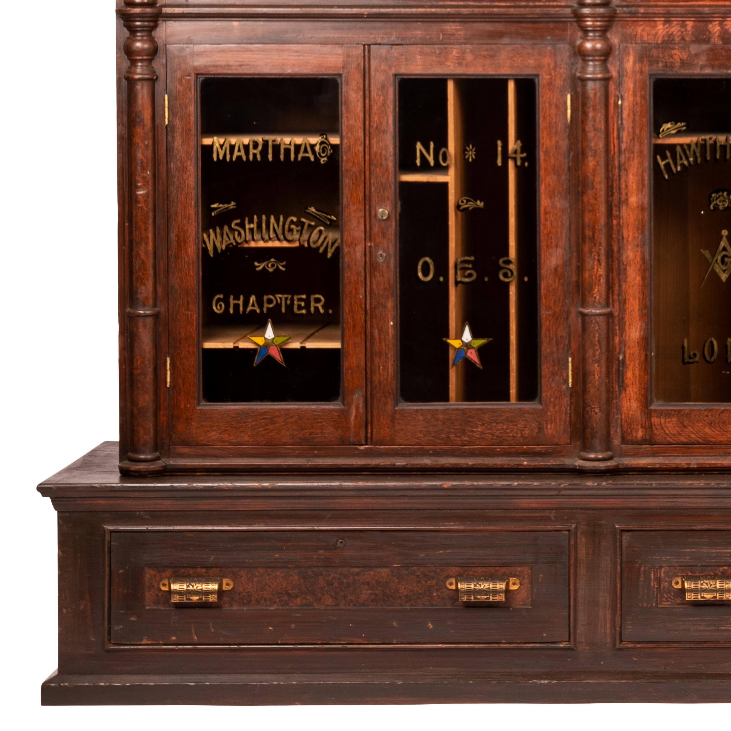 Glass Antique Masonic Temple Display Filing Cabinet Bookcase Washington Lodge, 1880