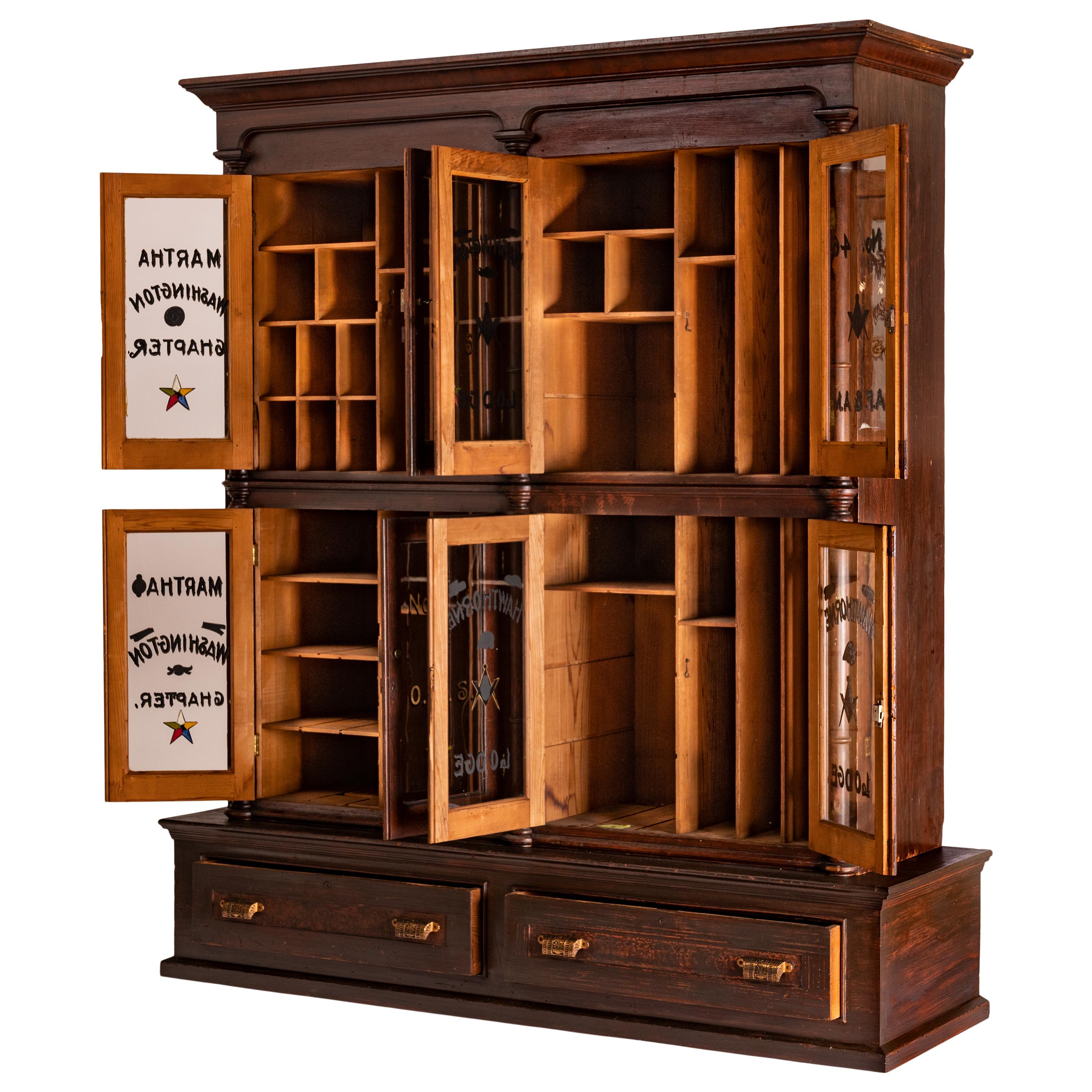 Aesthetic Movement Antique Masonic Temple Display Filing Cabinet Bookcase Washington Lodge, 1880