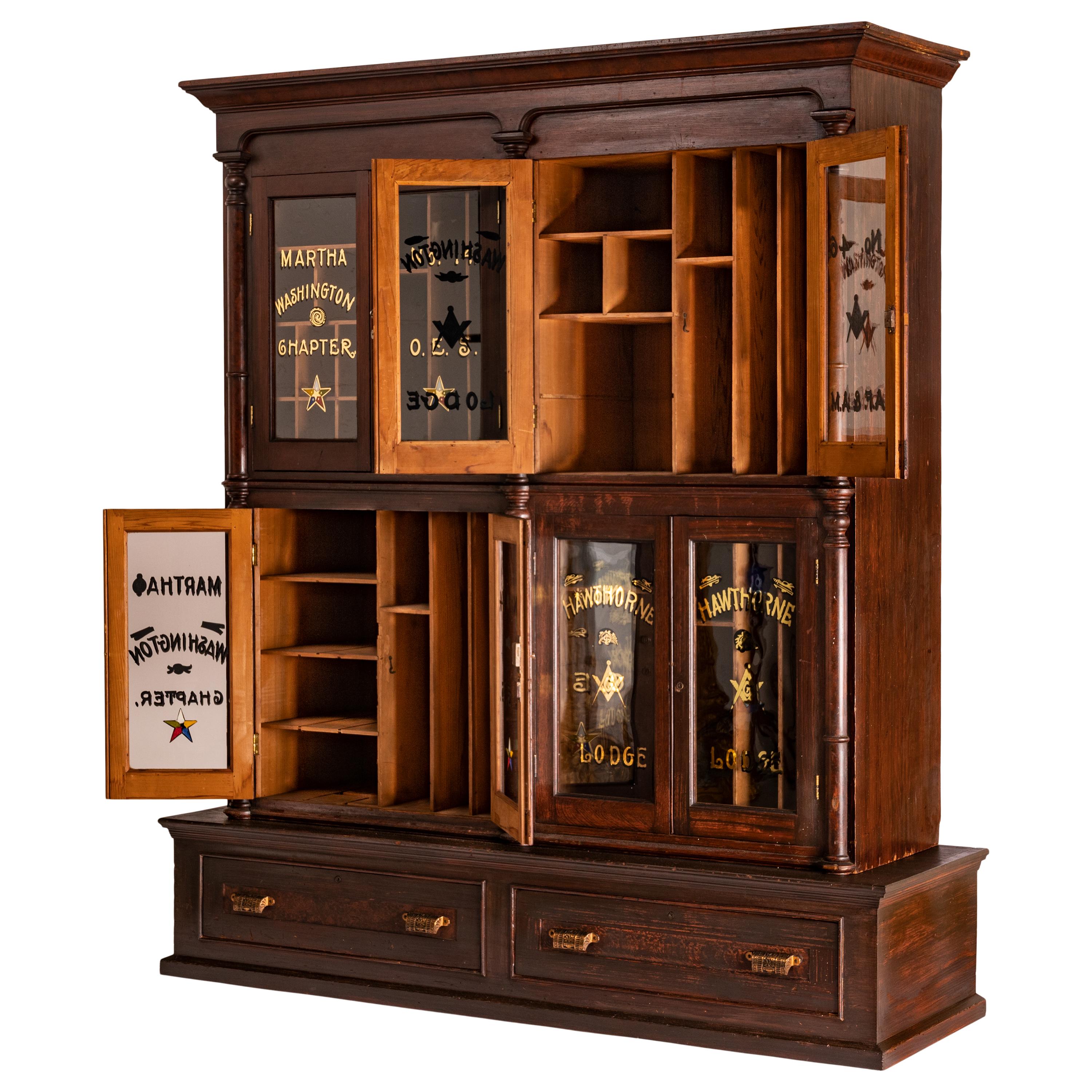 American Antique Masonic Temple Display Filing Cabinet Bookcase Washington Lodge, 1880