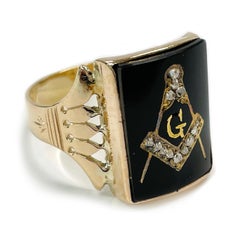Antique Masonic Yellow Gold Diamond Onyx Ring