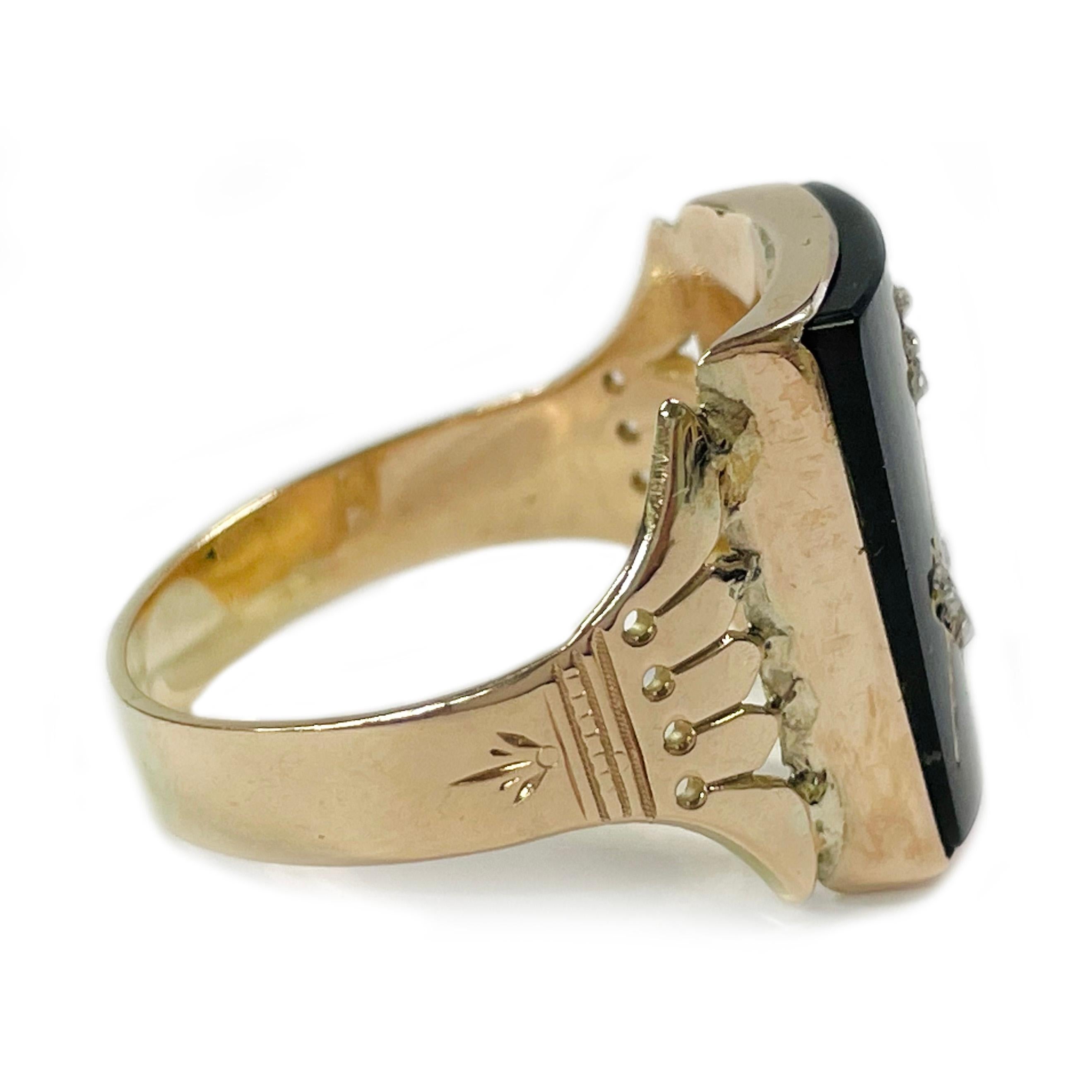Antiker Masonic Gelbgold Diamant-Onyx-Ring (Art déco) im Angebot