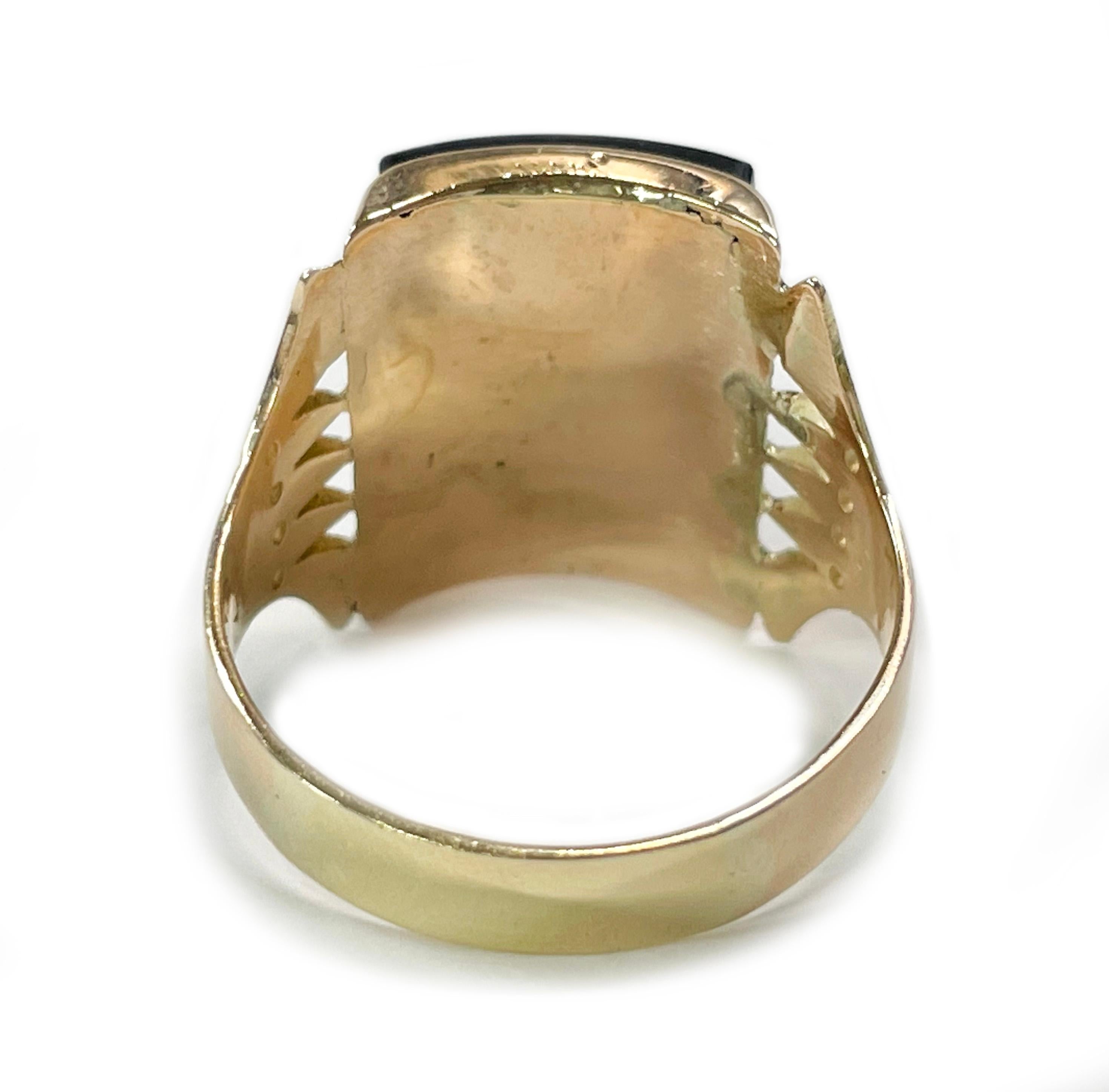 Antiker Masonic Gelbgold Diamant-Onyx-Ring (Rohschliff) im Angebot