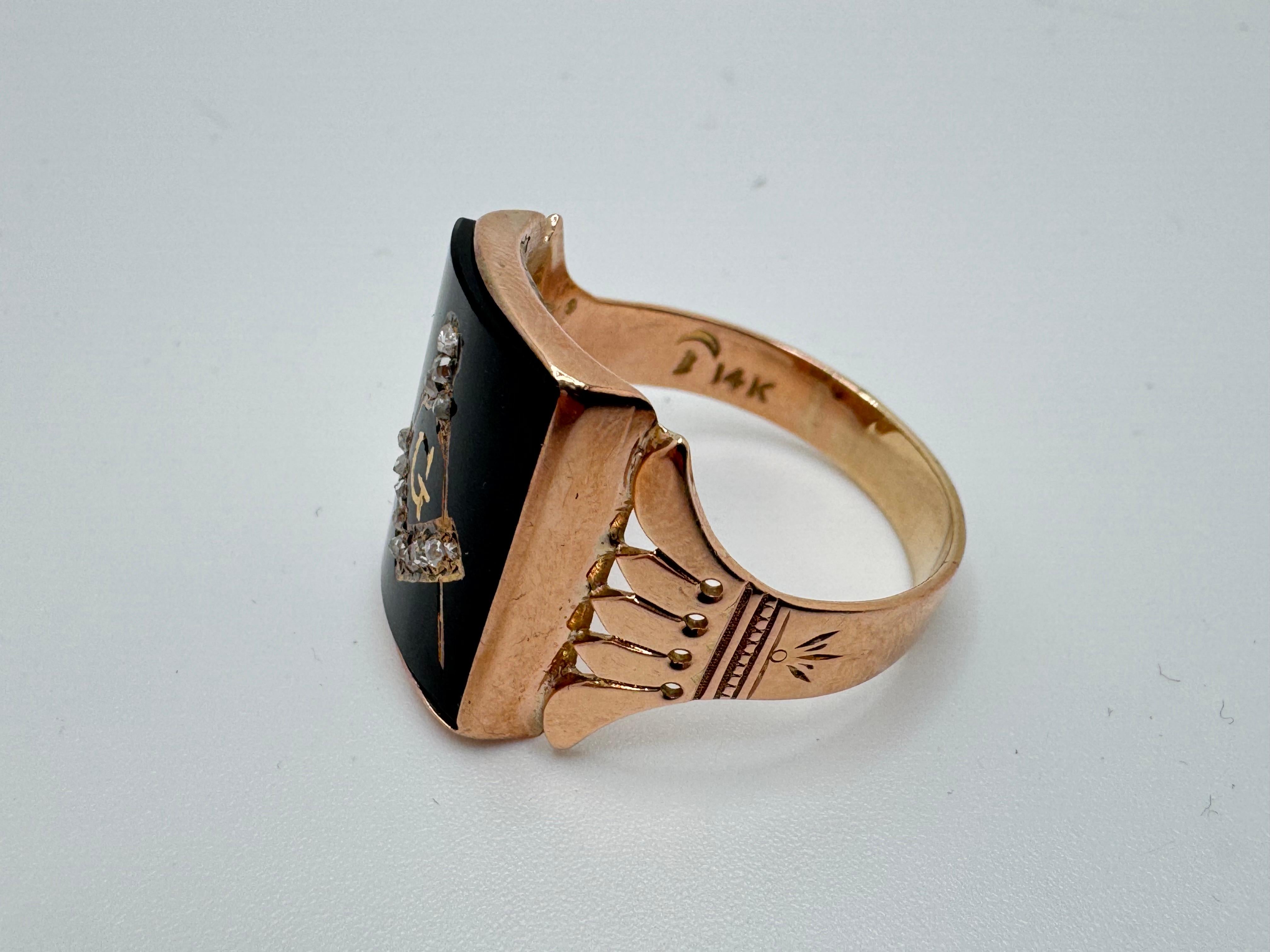 Antiker Masonic Gelbgold Diamant-Onyx-Ring im Angebot 2