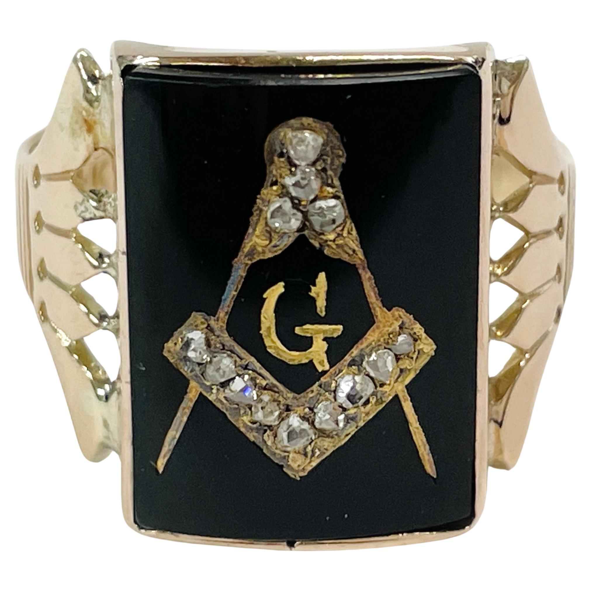 Antique Masonic Yellow Gold Diamond Onyx Ring For Sale