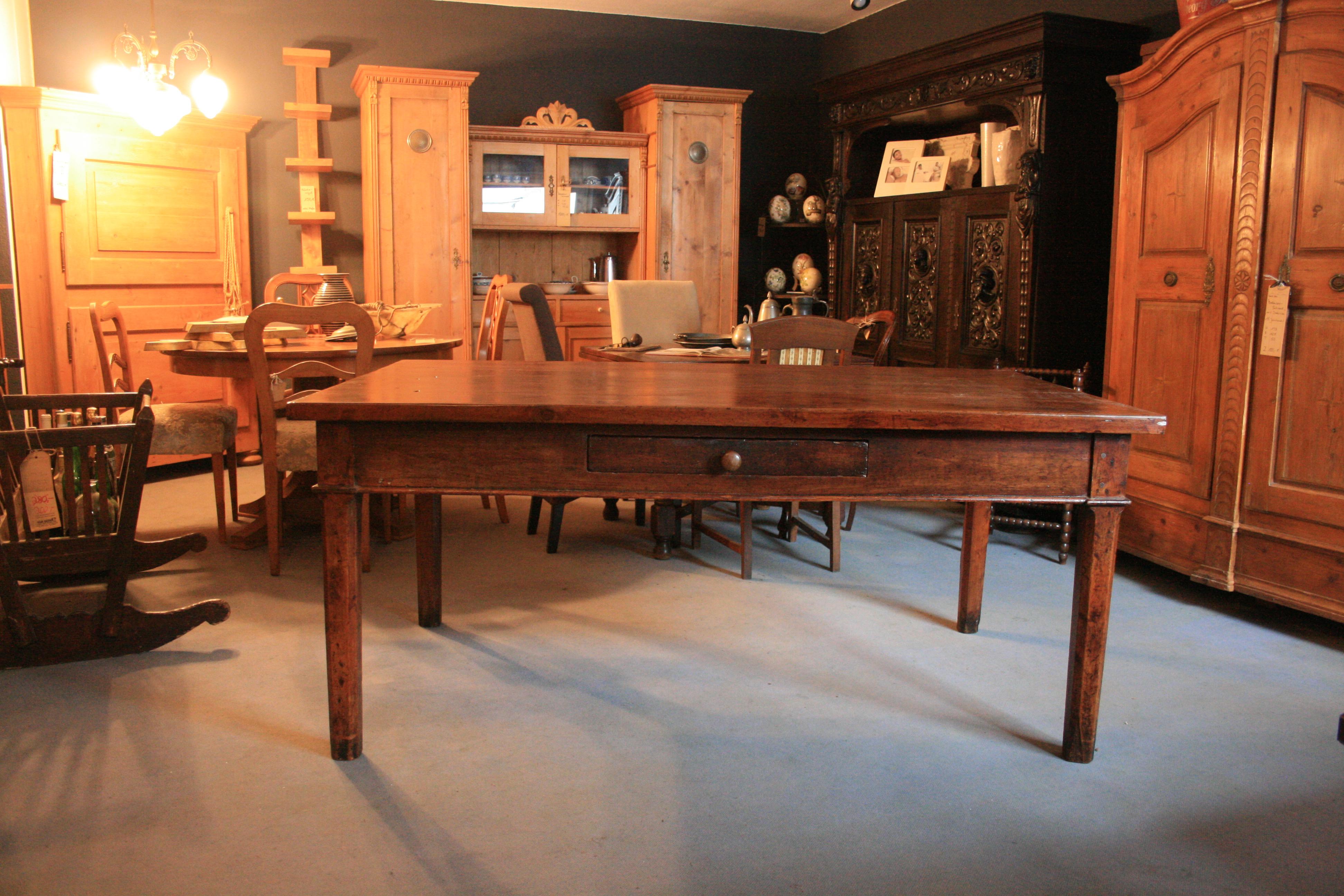 Antique Italian kitchen table from a farmhouse in Tuscany. Solid hardwood with a drawer and 2 indicated 