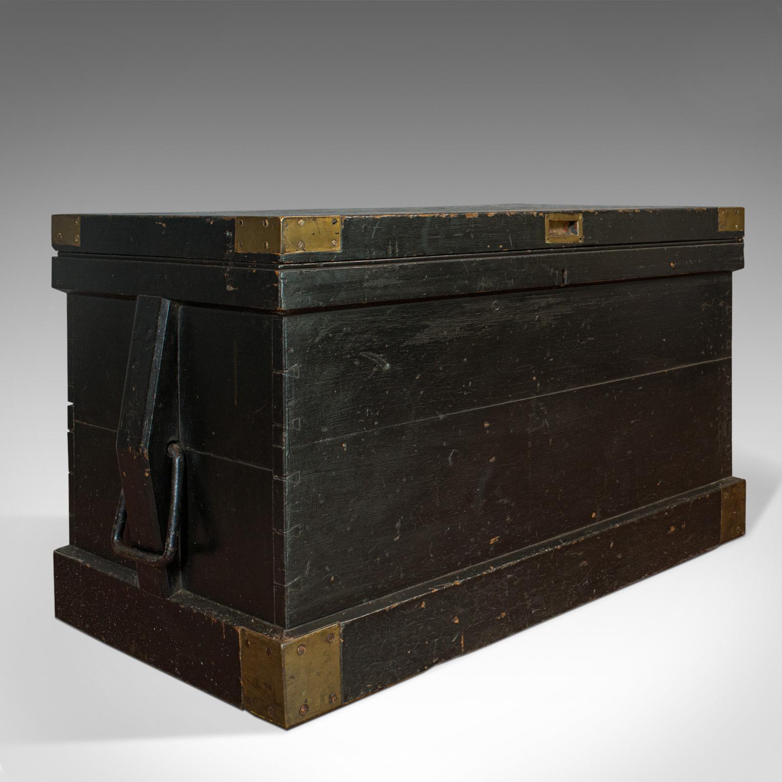 This is an antique master shipwright's chest. An English, ebonized mahogany tool trunk with ornate interior, dating to the Victorian period, circa 1880.

Wonderful craftsman's piece with hidden depths
Displays a desirable aged patina
Ebonized