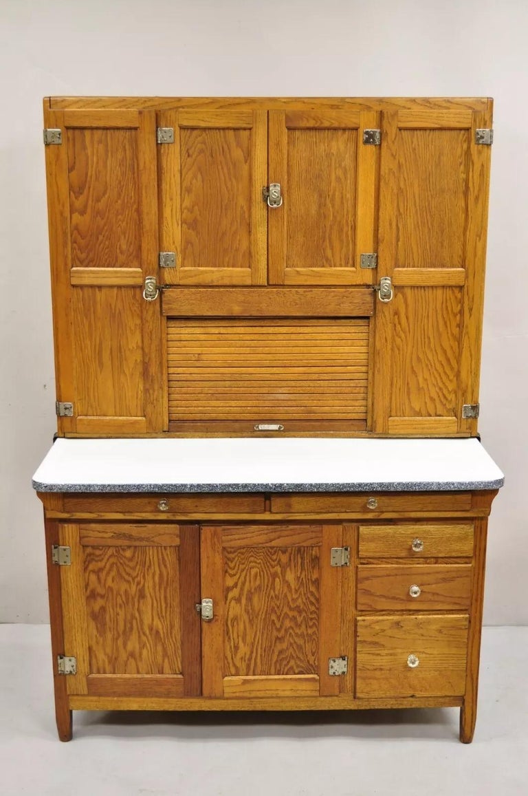 Antique Mastercraft Oak Wood Porcelain Enamel Hoosier Kitchen Cupboard  Cabinet at 1stDibs, image size:768x1157
