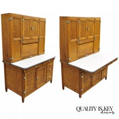 Antique Mastercraft Oak Wood Porcelain Enamel Hoosier Kitchen Cupboard Cabinet