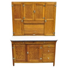 Armoire de cuisine antique Mastercraft en chêne, porcelaine, émail et Hoosier