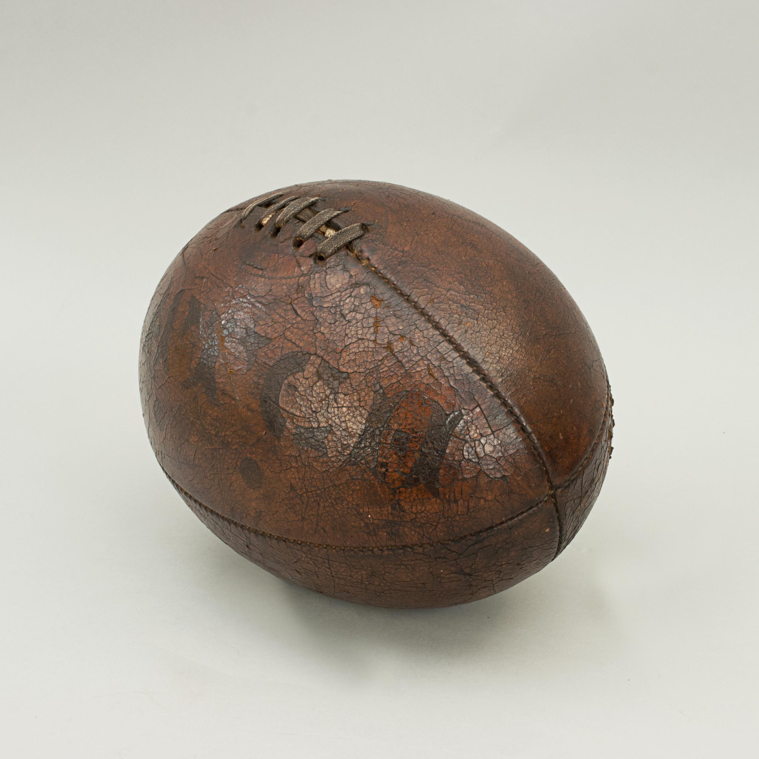 Antique, Match, Leather Rugby Ball, Early Shape Four Panels In Good Condition In Oxfordshire, GB