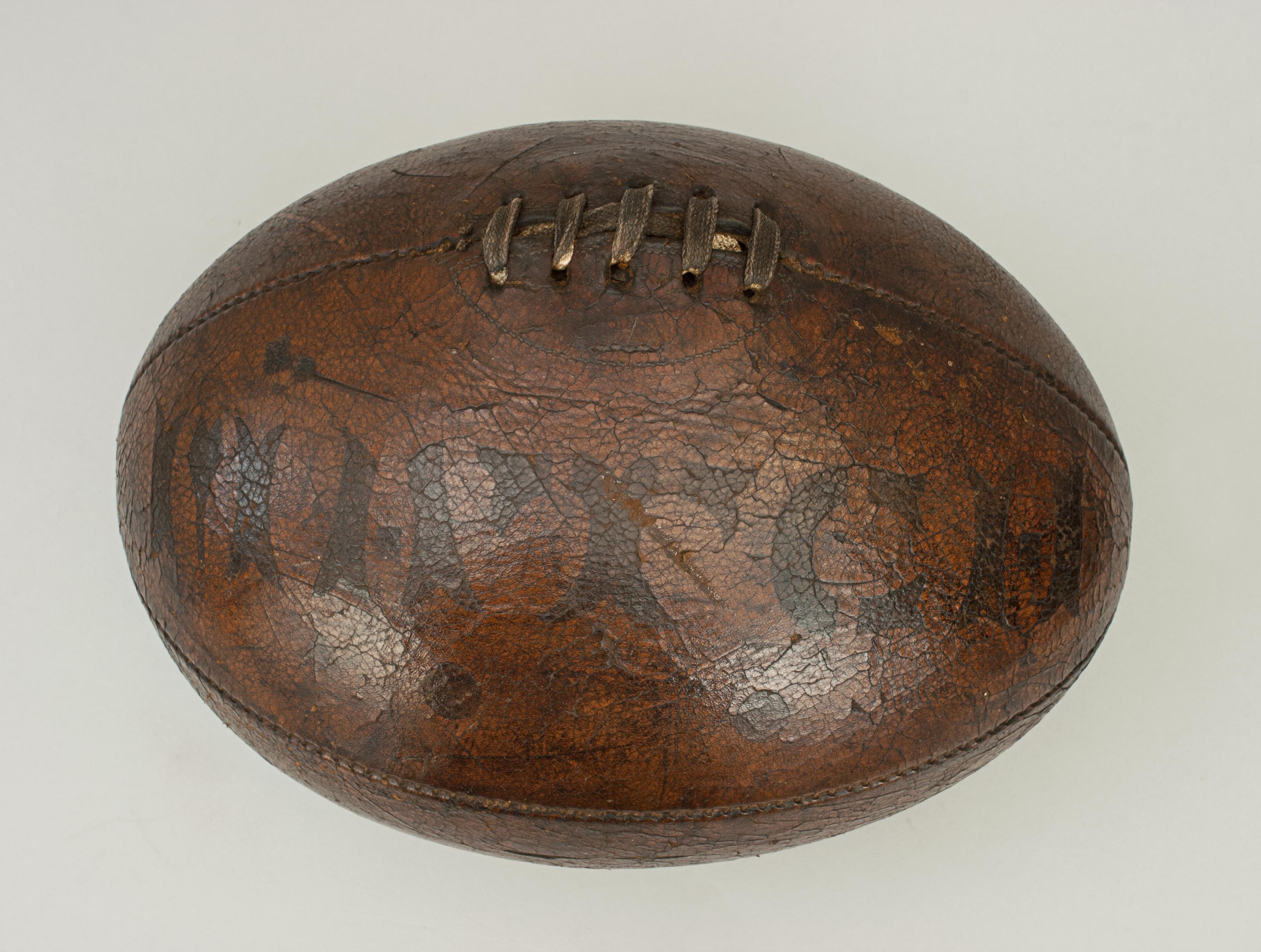 Early 20th Century Antique, Match, Leather Rugby Ball, Early Shape Four Panels