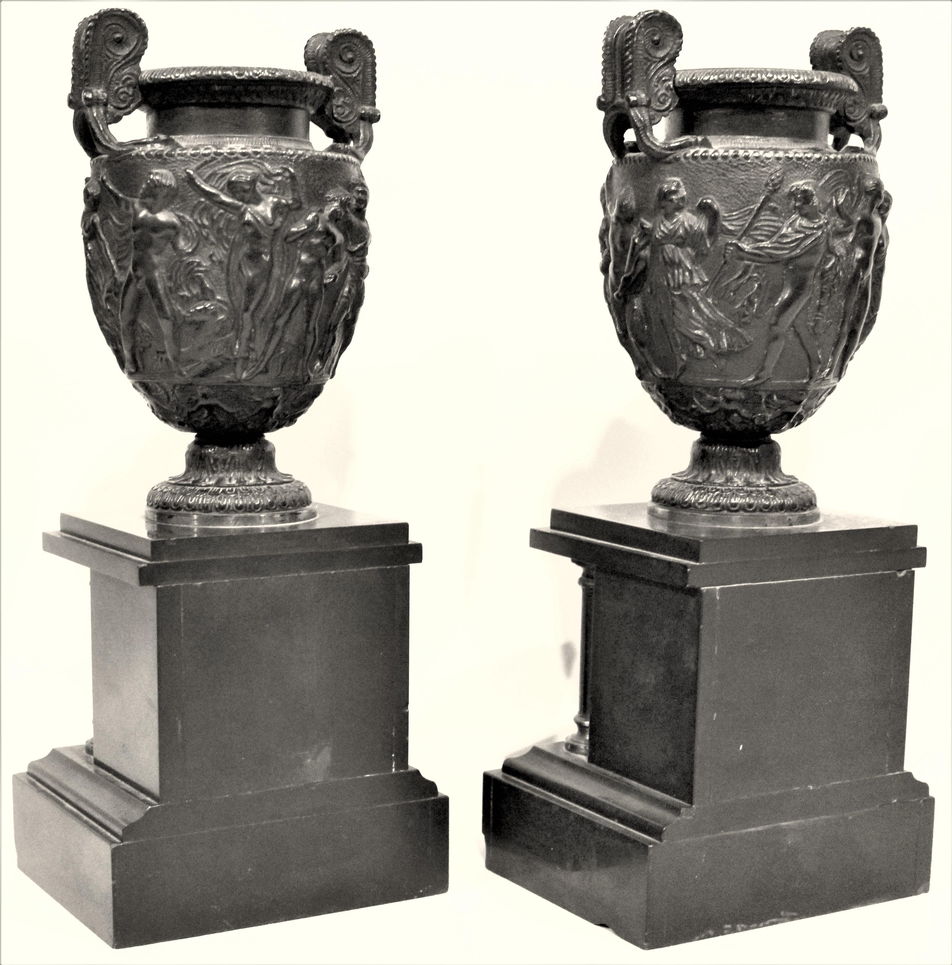 Neoclassical Revival Pair of Antique Cast Bronze and Polished Slate Pedestal Urns, or Garnitures For Sale