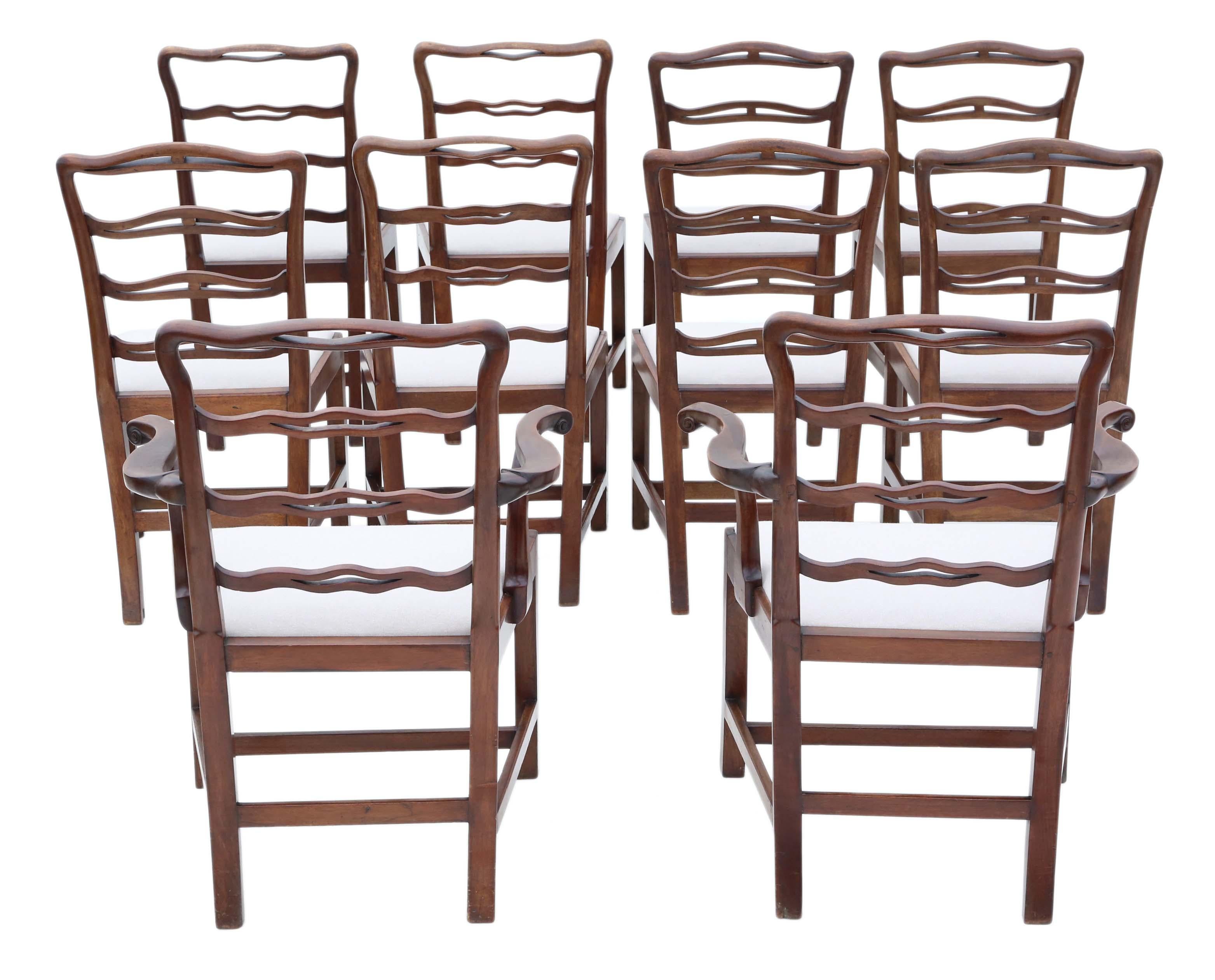 Antique fine quality matched set of 10 (8+2) carved mahogany Georgian C1825 dining chairs ribbon back.

No loose joints and no woodworm.

Professionally reupholstered drop in seats. Wide generous seats.

Overall maximum dimensions:

Carver
