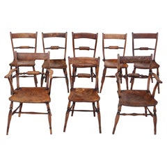 Antique Matched Set of 8 '6+2' Elm Beech Kitchen Dining Chairs Oxford Knife-back