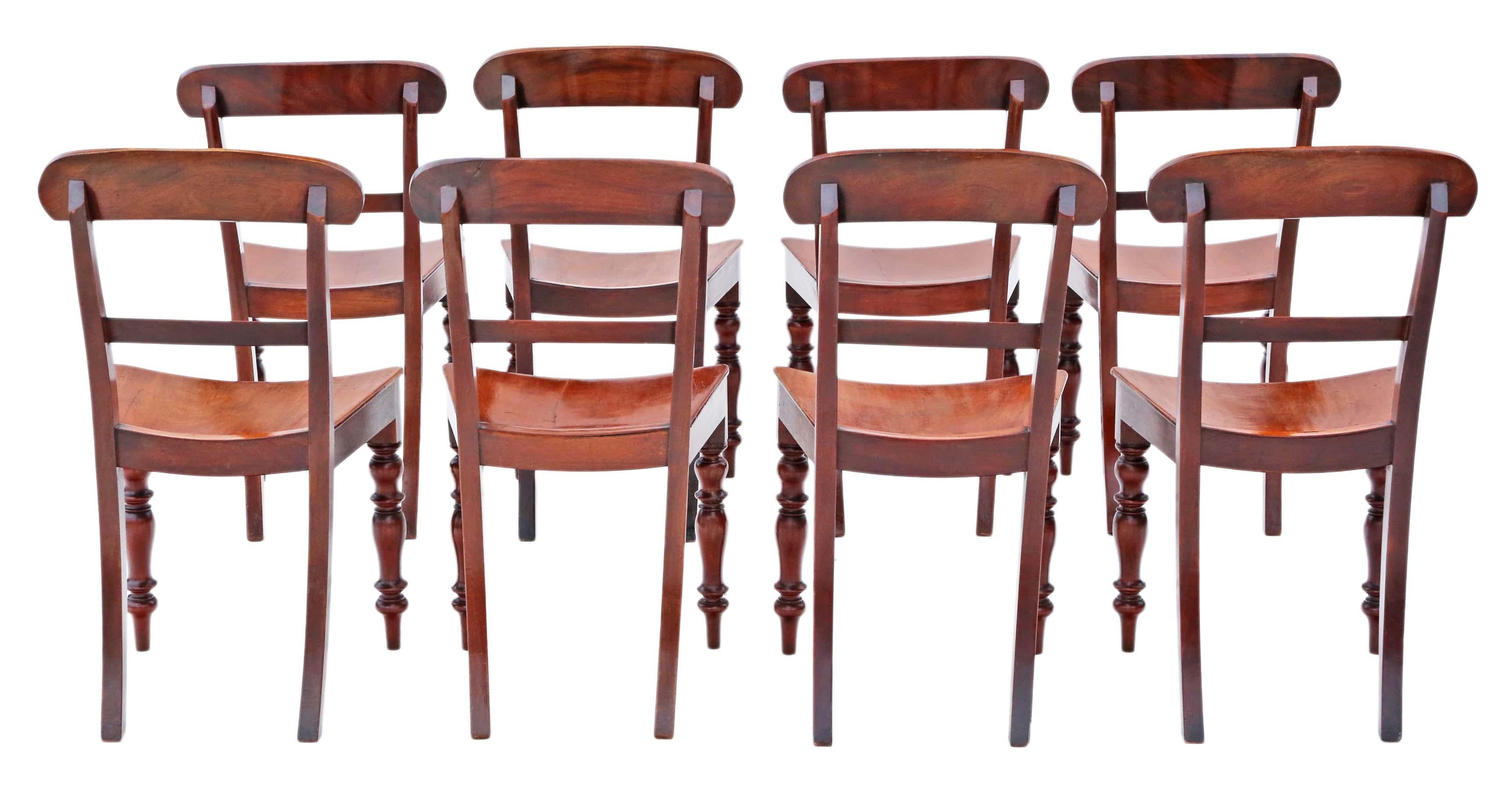 Antique fine quality matched set of 8 mahogany kitchen or dining chairs 19th Century C1860.

A near identical matched set that are very very close (so close in fact that we didn't notice when we purchased them). Possibly, a smaller set that had