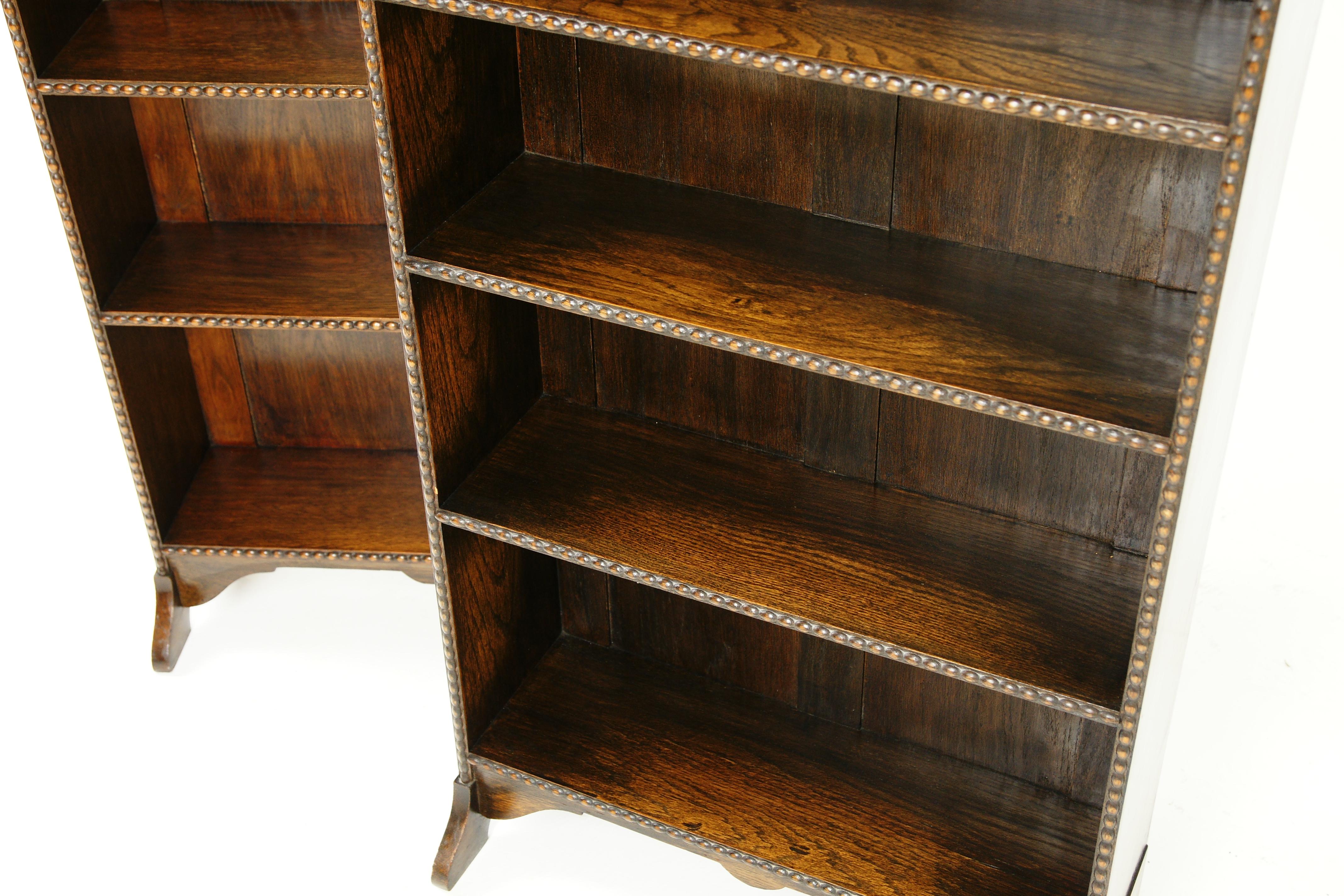 Hand-Crafted Antique Matching Oak Bookcases, 5 Tier Open Bookcase, Graduating Shelves, B2388