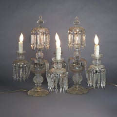 Antique Matching Pair of Cut Glass & Crystal Candelabra Table Lamps Circa 1920