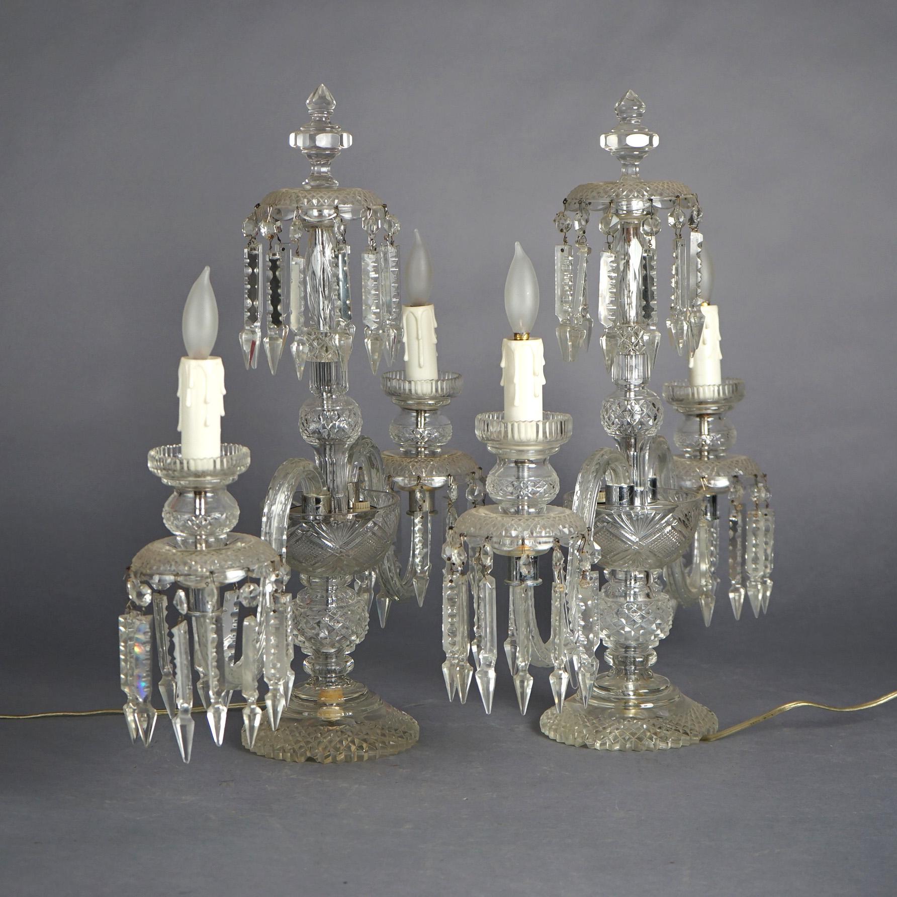American Antique Matching Pair of Cut Glass & Crystal Candelabra Table Lamps Circa 1920