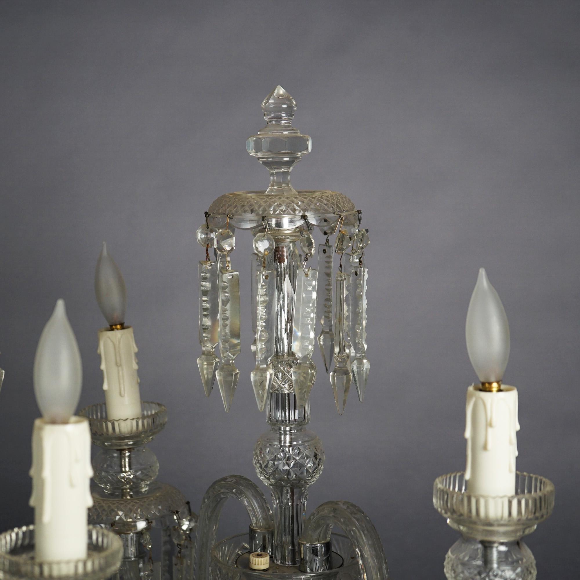 Antique Matching Pair of Cut Glass & Crystal Candelabra Table Lamps Circa 1920 In Good Condition In Big Flats, NY