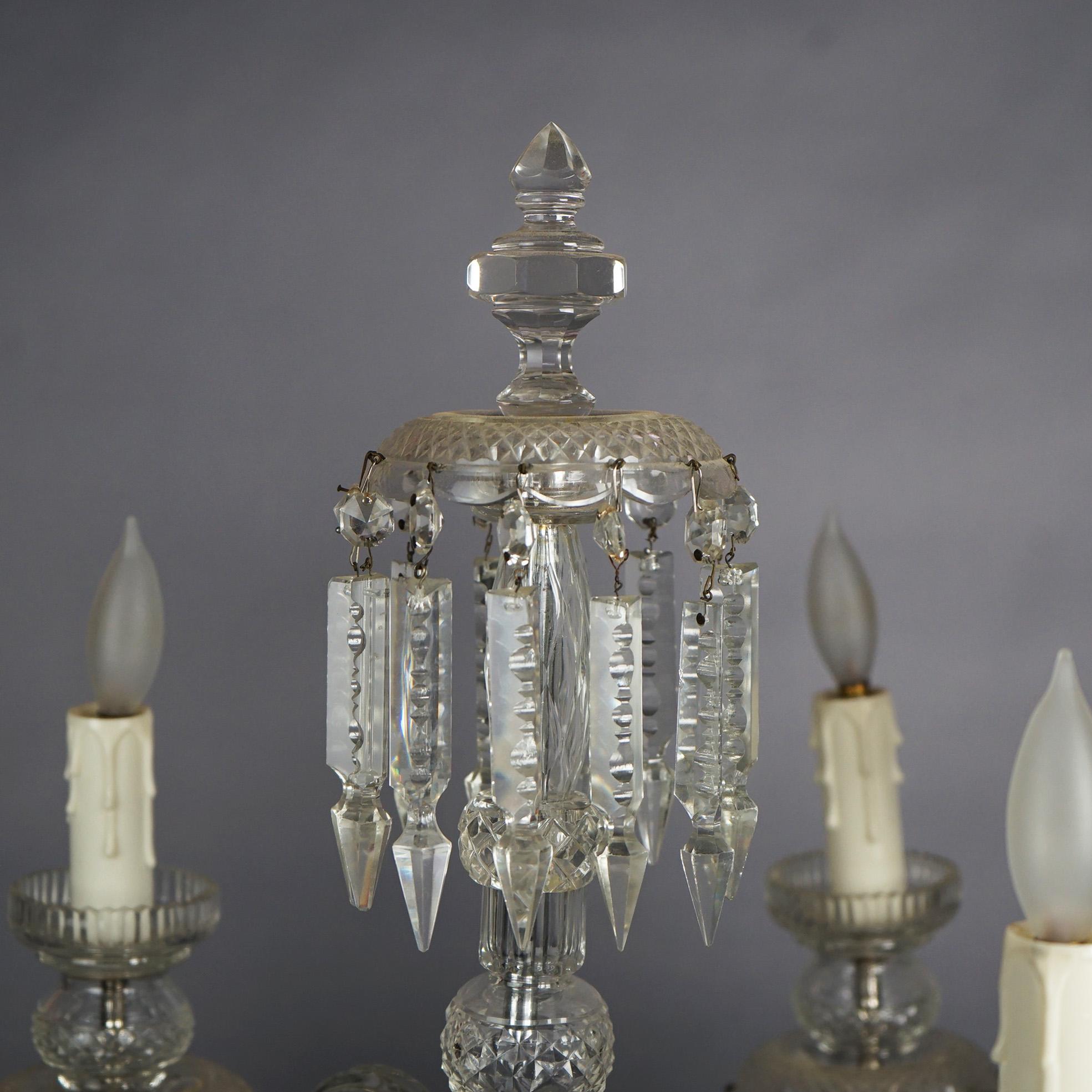 20th Century Antique Matching Pair of Cut Glass & Crystal Candelabra Table Lamps Circa 1920