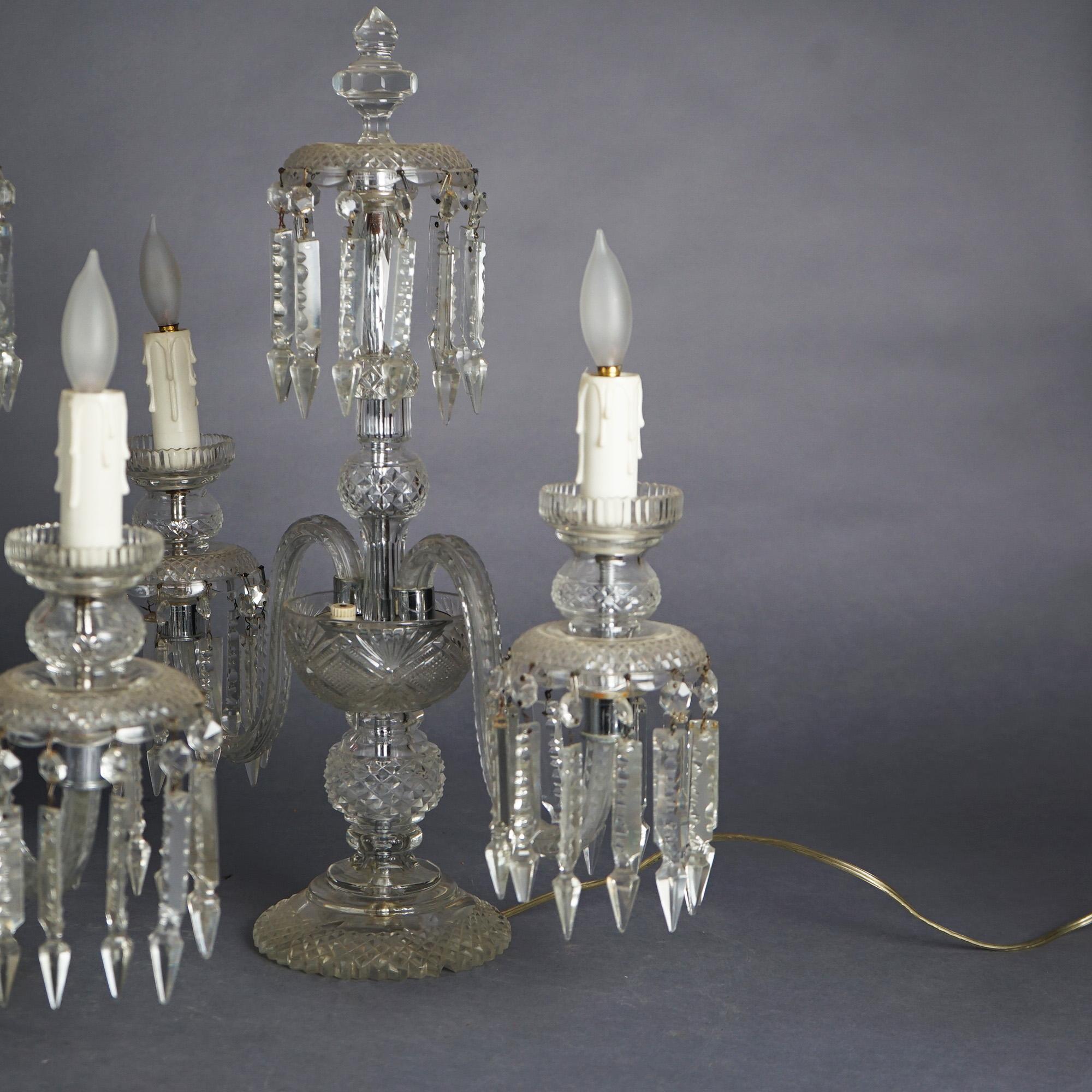 Antique Matching Pair of Cut Glass & Crystal Candelabra Table Lamps Circa 1920 1