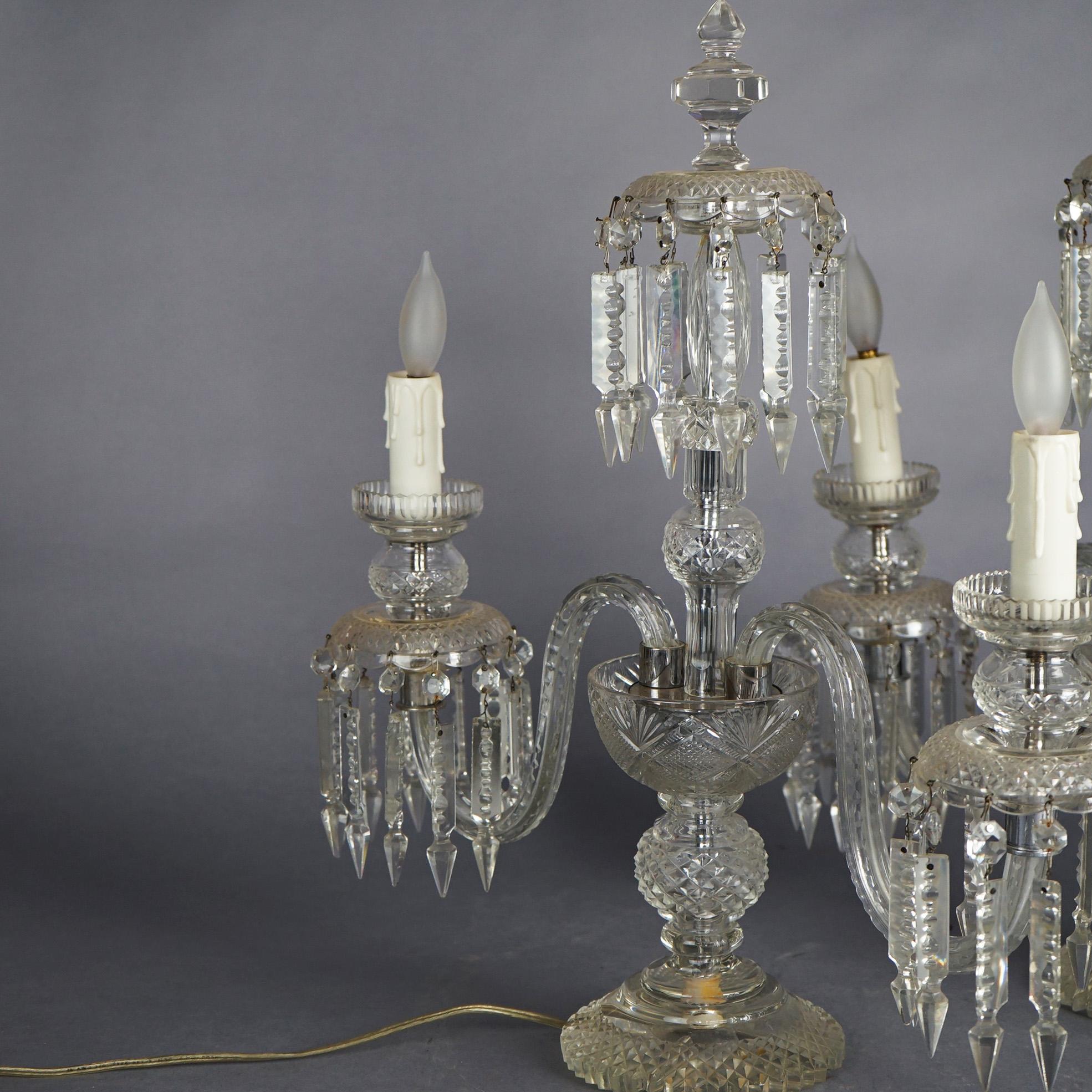 Antique Matching Pair of Cut Glass & Crystal Candelabra Table Lamps Circa 1920 2