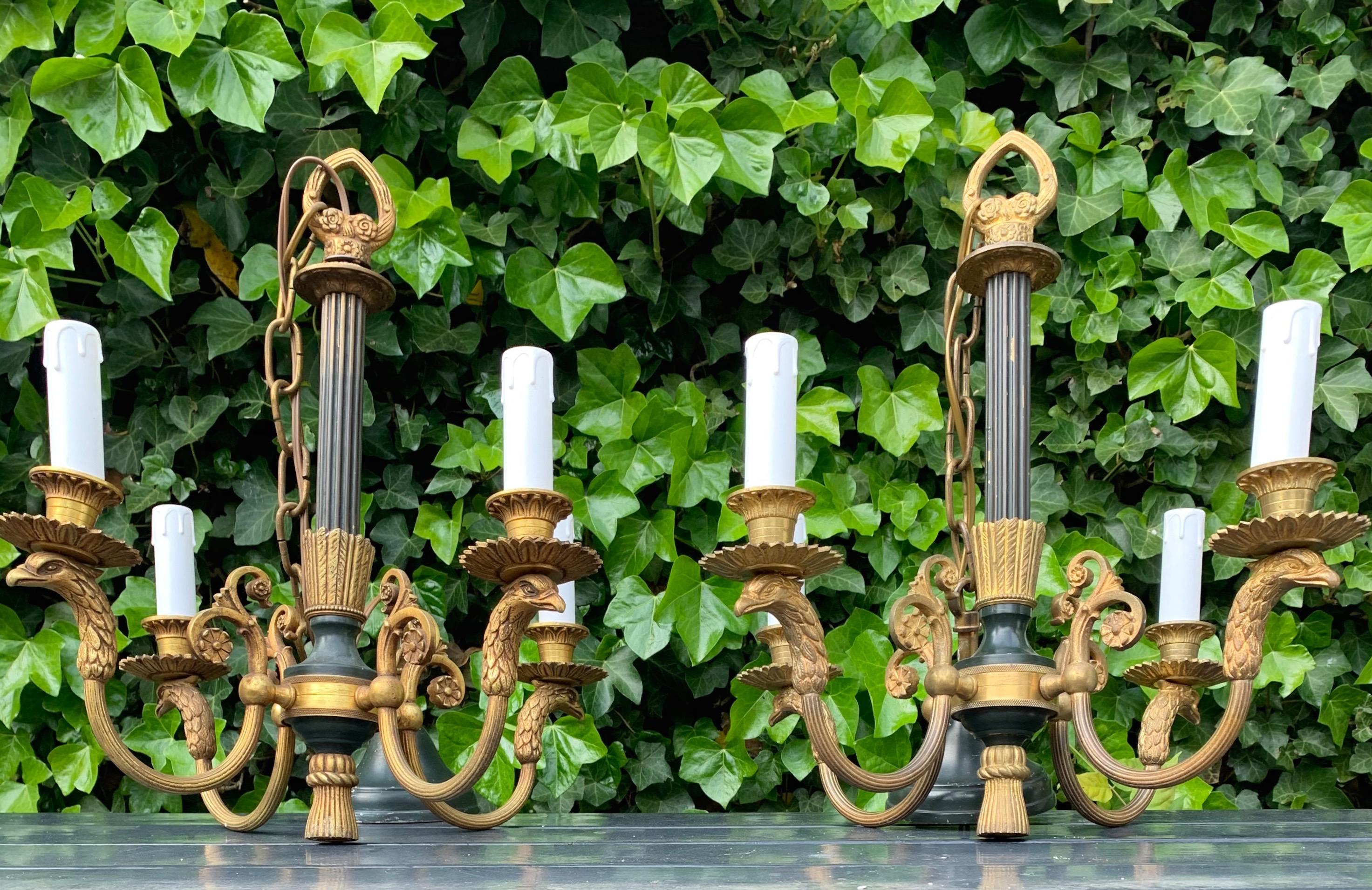 Antique & Matching Pair of Empire Style, Gilt Bronze Eagle Sculpture Chandeliers For Sale 1