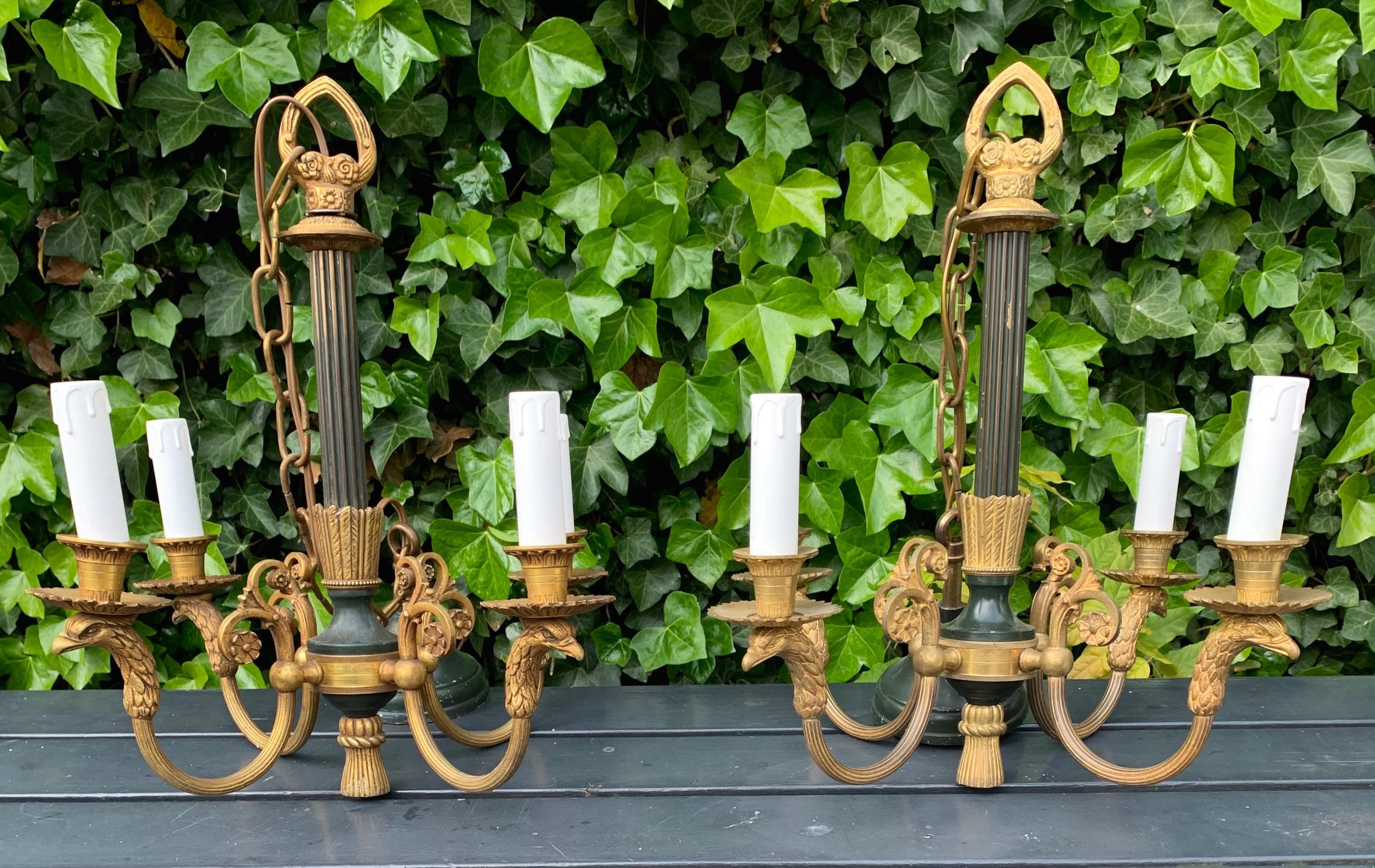 Antique & Matching Pair of Empire Style, Gilt Bronze Eagle Sculpture Chandeliers For Sale 4