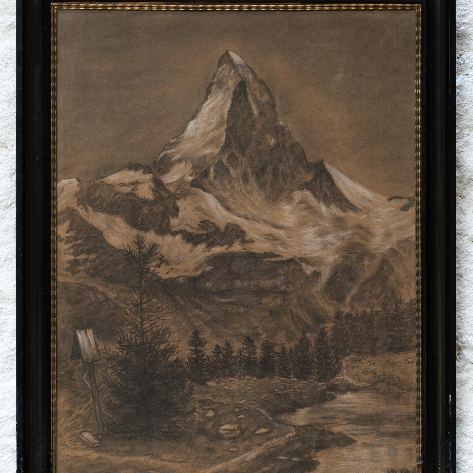 Mid-Century Modern Antique Matterhorn Framed Drawing, circa 1930 For Sale