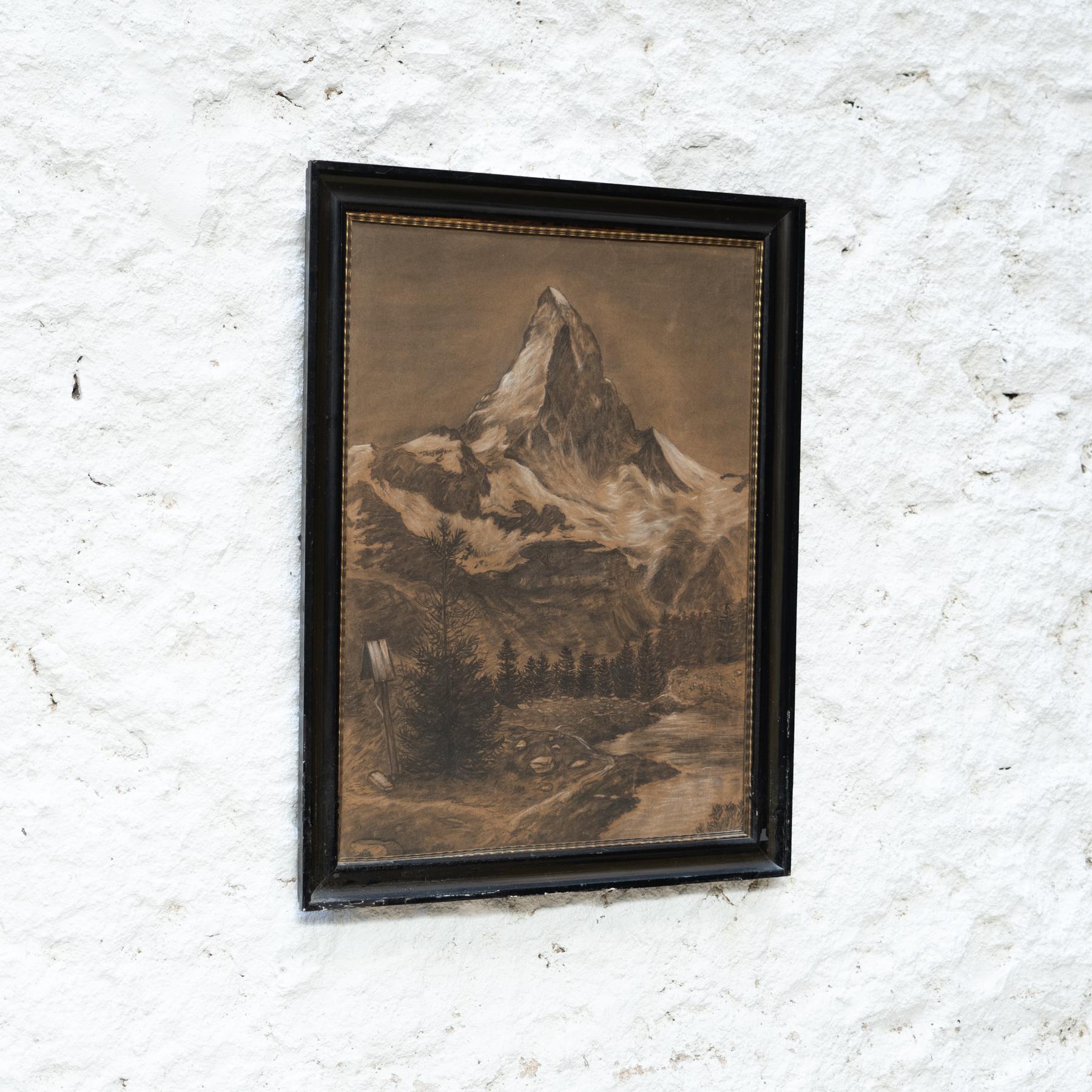 French Antique Matterhorn Framed Drawing, circa 1930 For Sale