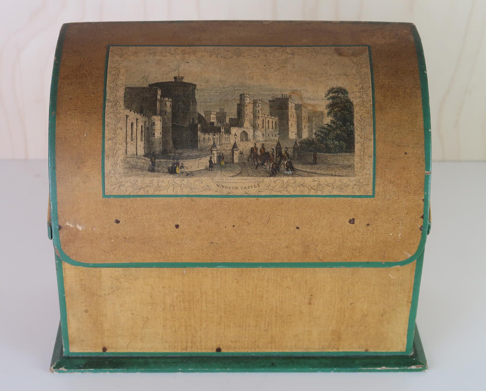 A delightful letter or stationary box 

Wonderful colours

Similarities to Mauchline ware. Hand painted paper applied to wood, possibly sycamore. Applied hand coloured steel engraving of Windsor Castle on the front.

Good condition / structurally