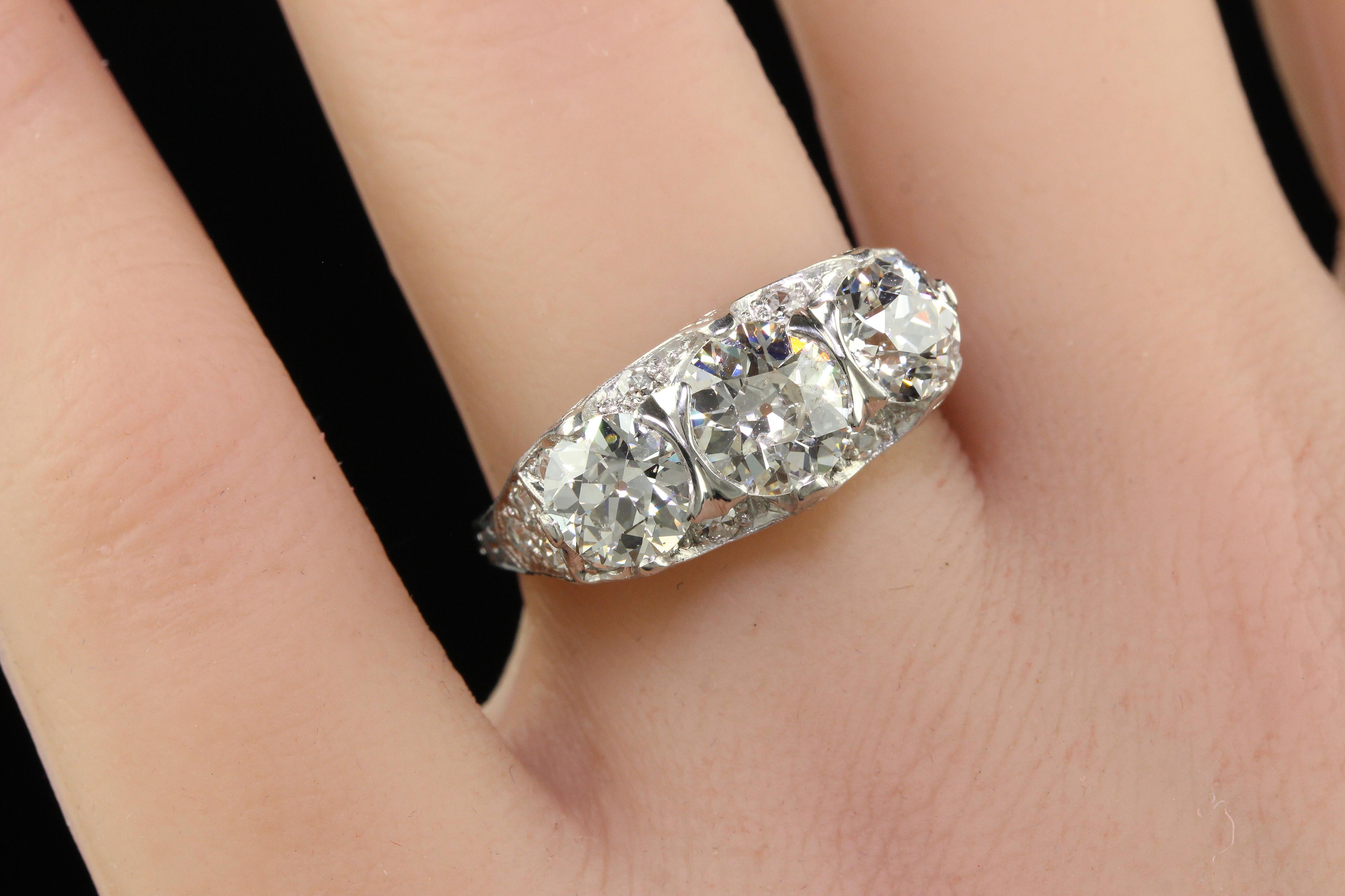 Antique Maurice Tishman Art Deco Platinum Old Euro Three Stone Filigree Ring GIA 5