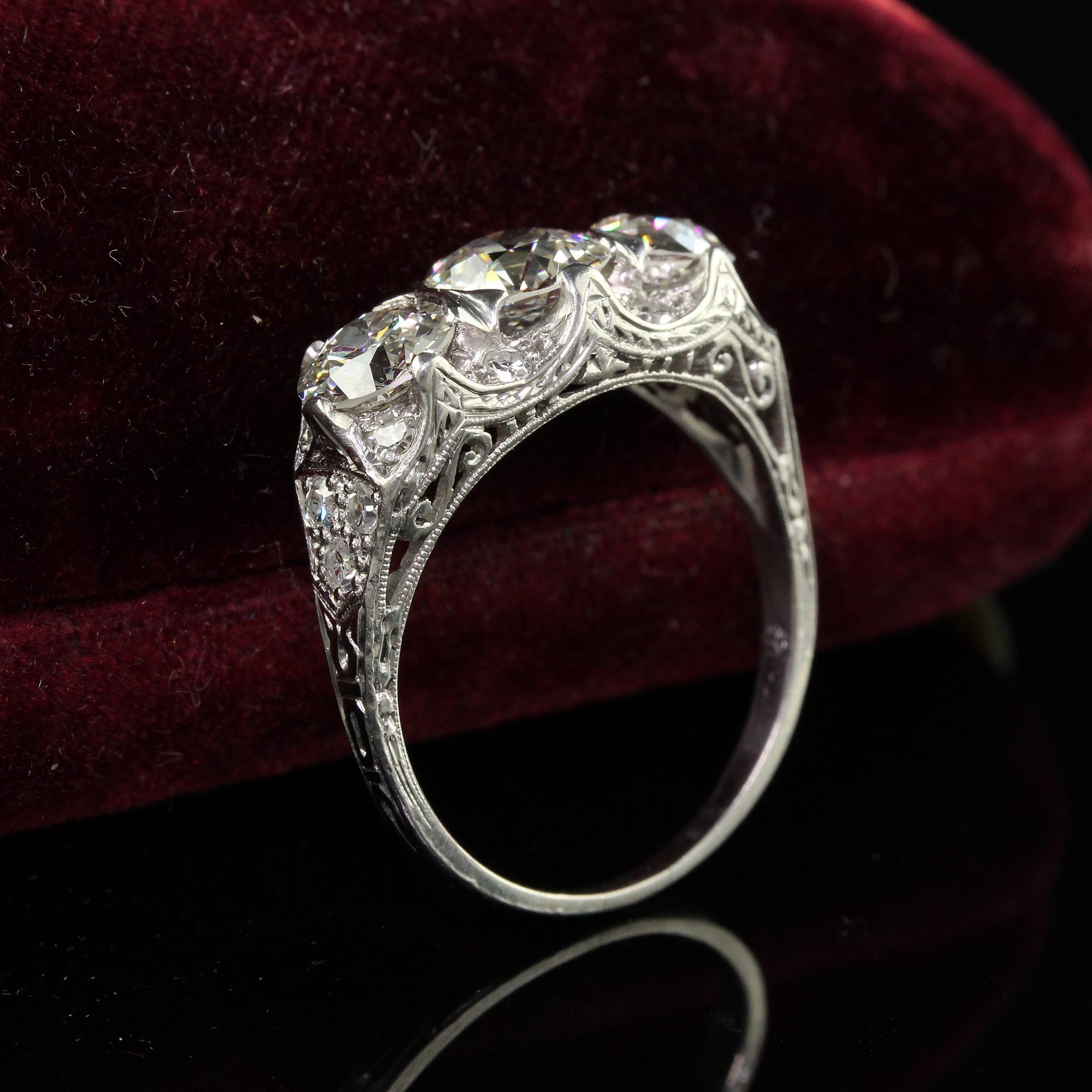 Old European Cut Antique Maurice Tishman Art Deco Platinum Old Euro Three Stone Filigree Ring GIA