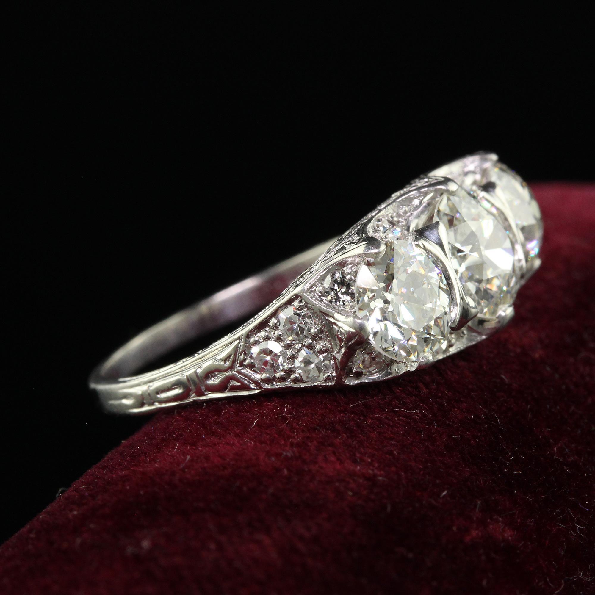 Antique Maurice Tishman Art Deco Platinum Old Euro Three Stone Filigree Ring GIA In Good Condition In Great Neck, NY