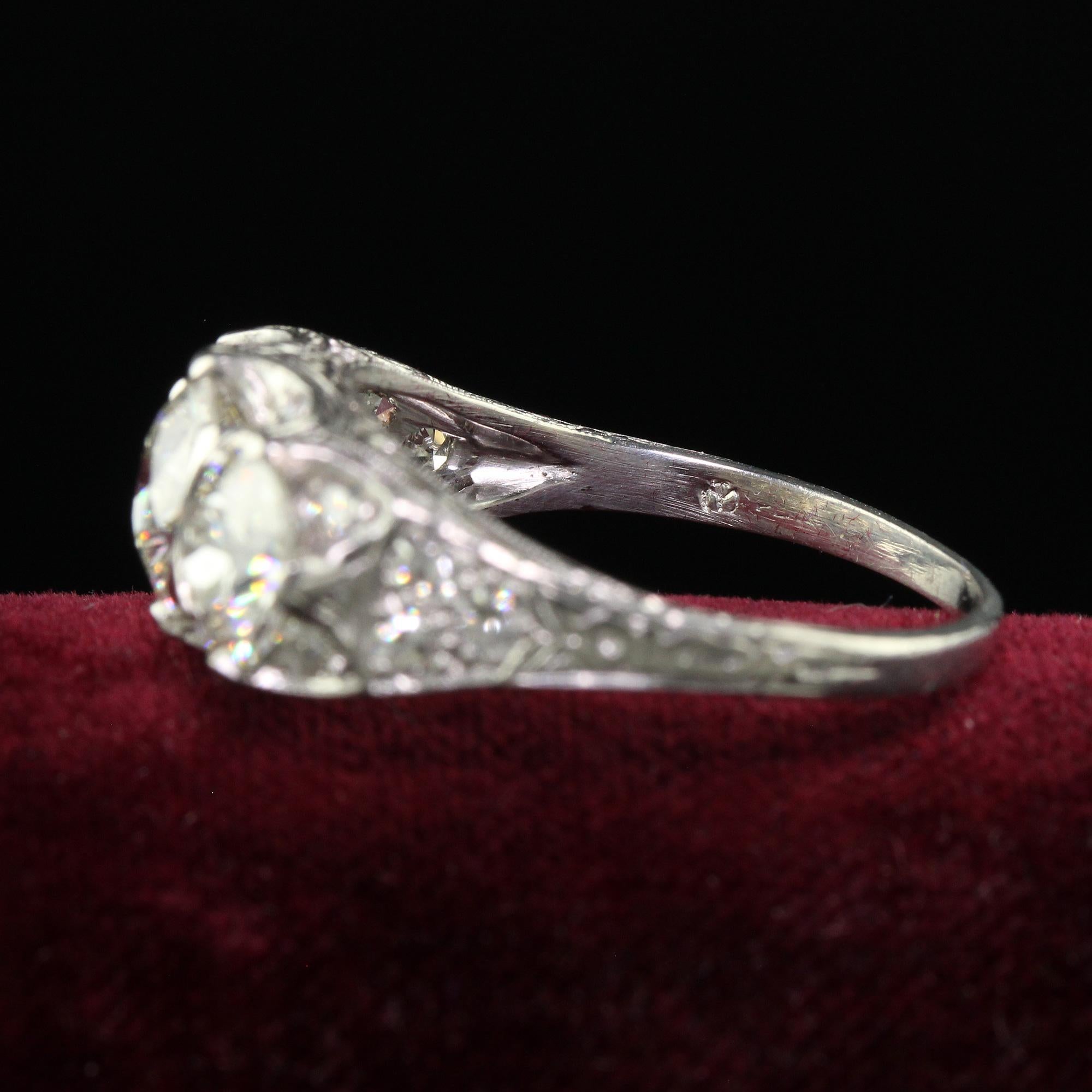 Antique Maurice Tishman Art Deco Platinum Old Euro Three Stone Filigree Ring GIA 1