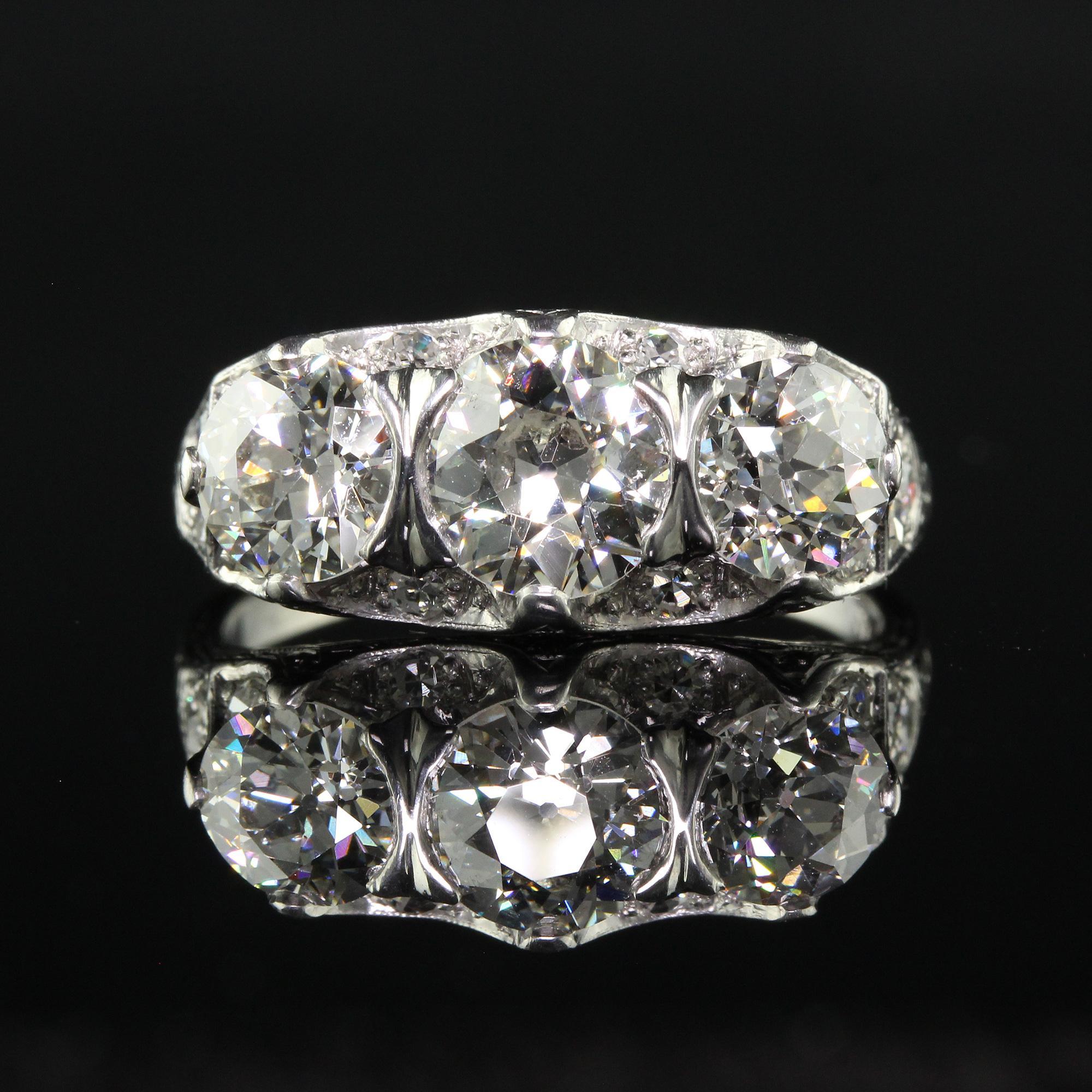 Antique Maurice Tishman Art Deco Platinum Old Euro Three Stone Filigree Ring GIA 2